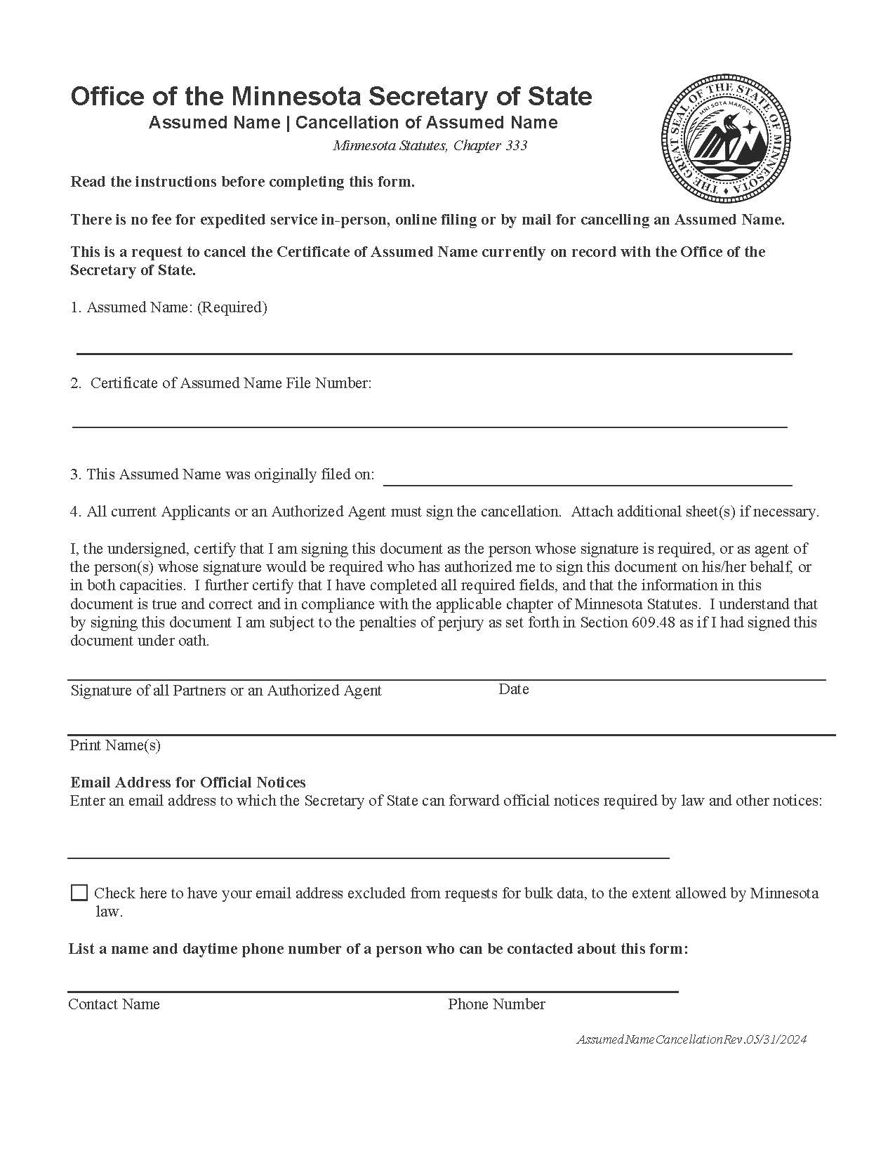 Cancellation Of Assumed Name | Pdf Fpdf Doc Docx | Minnesota