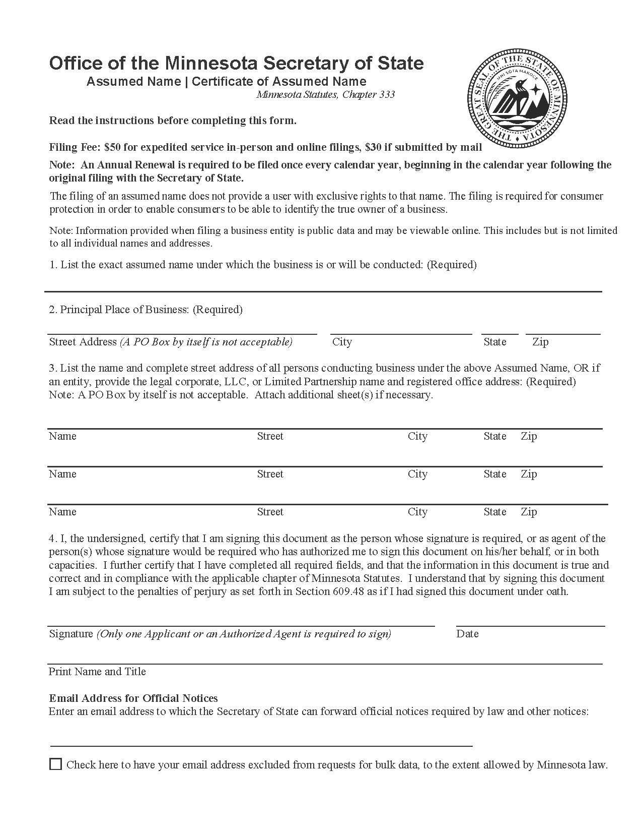 Certificate Of Assumed Name | Pdf Fpdf Doc Docx | Minnesota