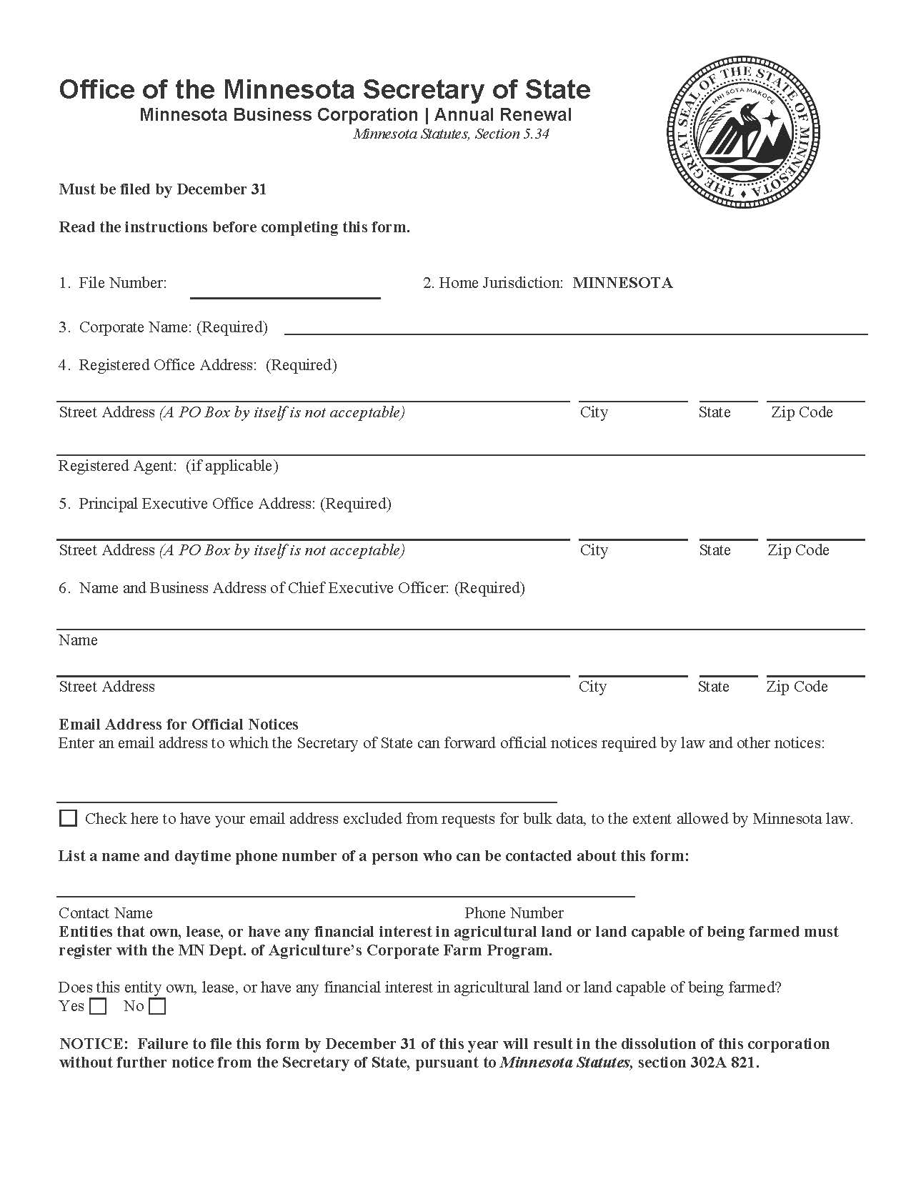 Annual Renewal Domestic Corporation | Pdf Fpdf Doc Docx | Minnesota