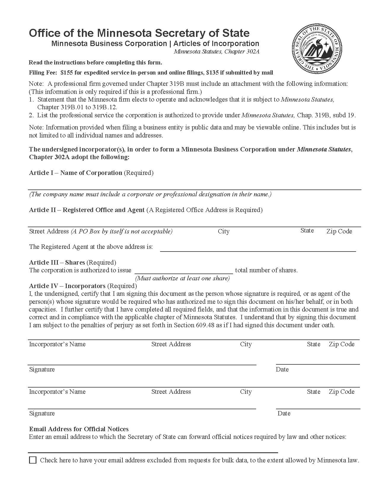 Articles Of Incorporation Business Corporations | Pdf Fpdf Doc Docx | Minnesota