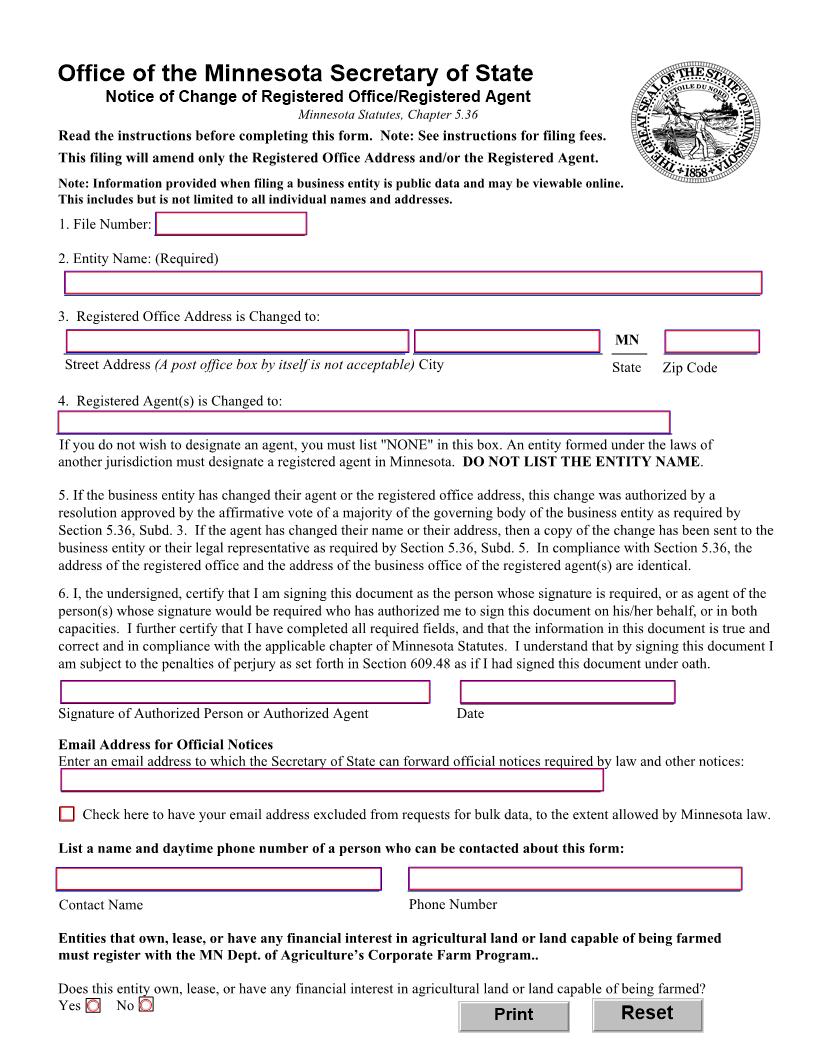 Notice Of Change Of Registered Office Or Registered Agent | Pdf Fpdf Docx | Minnesota