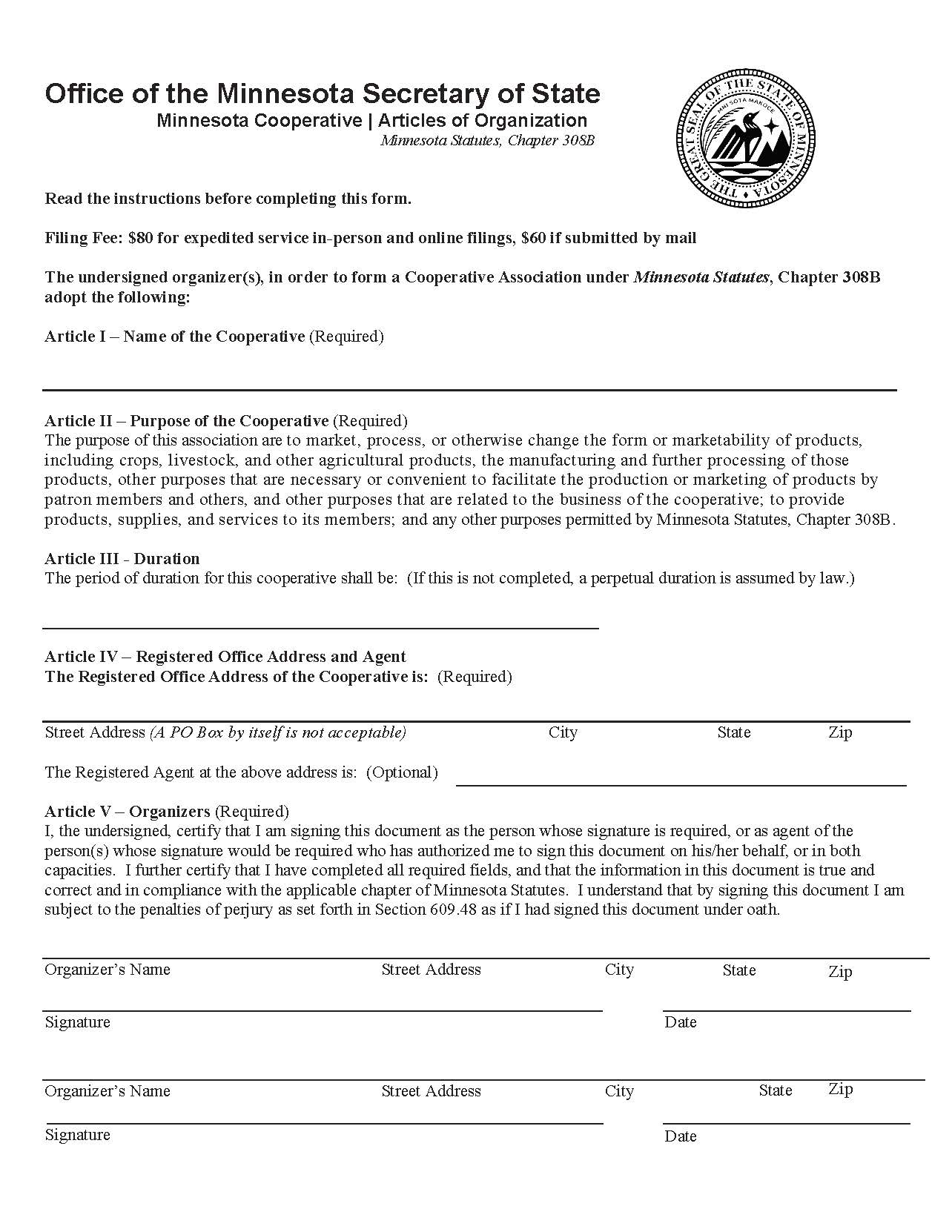 Articles Of Organization (Cooperative) | Pdf Fpdf Doc Docx | Minnesota