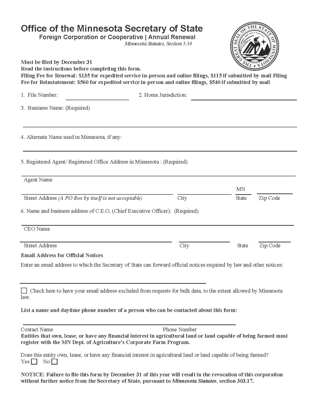 Annual Renewal | Pdf Fpdf Doc Docx | Minnesota