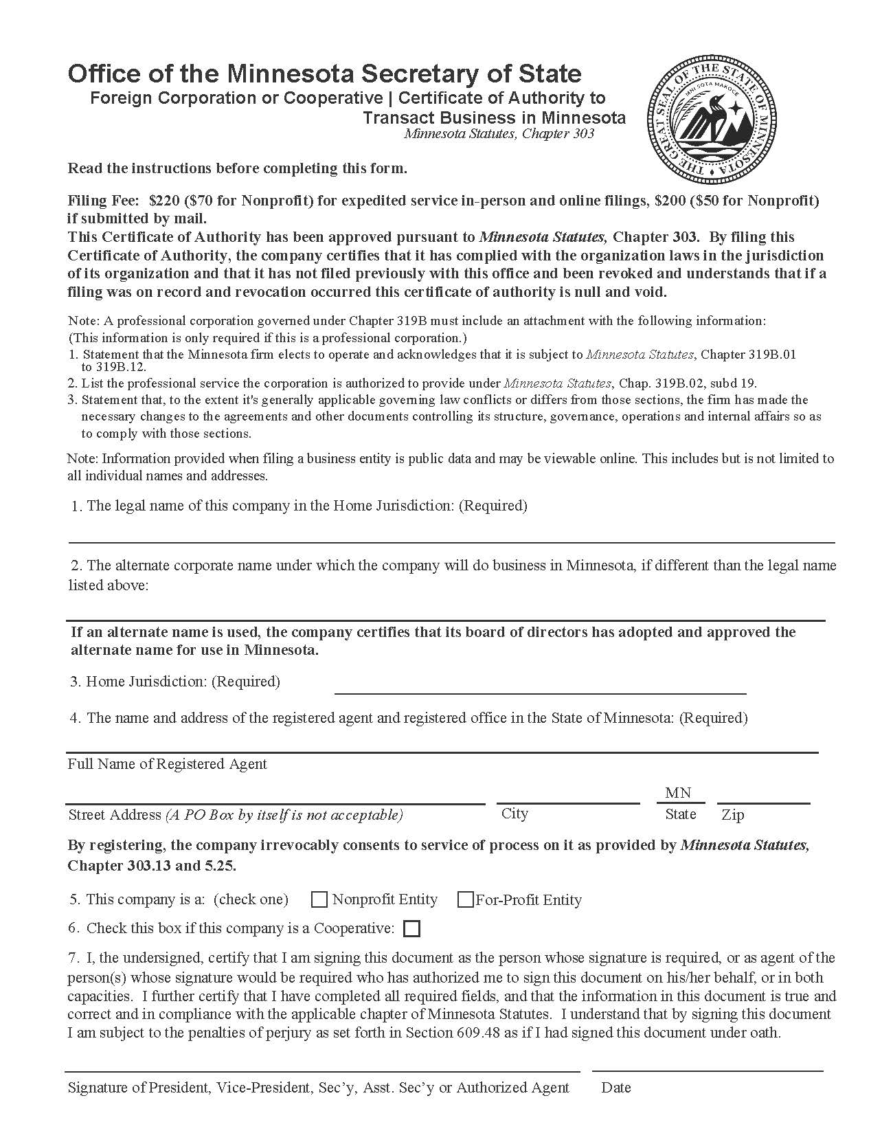 Certificate Of Authority To Transact Business | Pdf Fpdf Docx | Minnesota