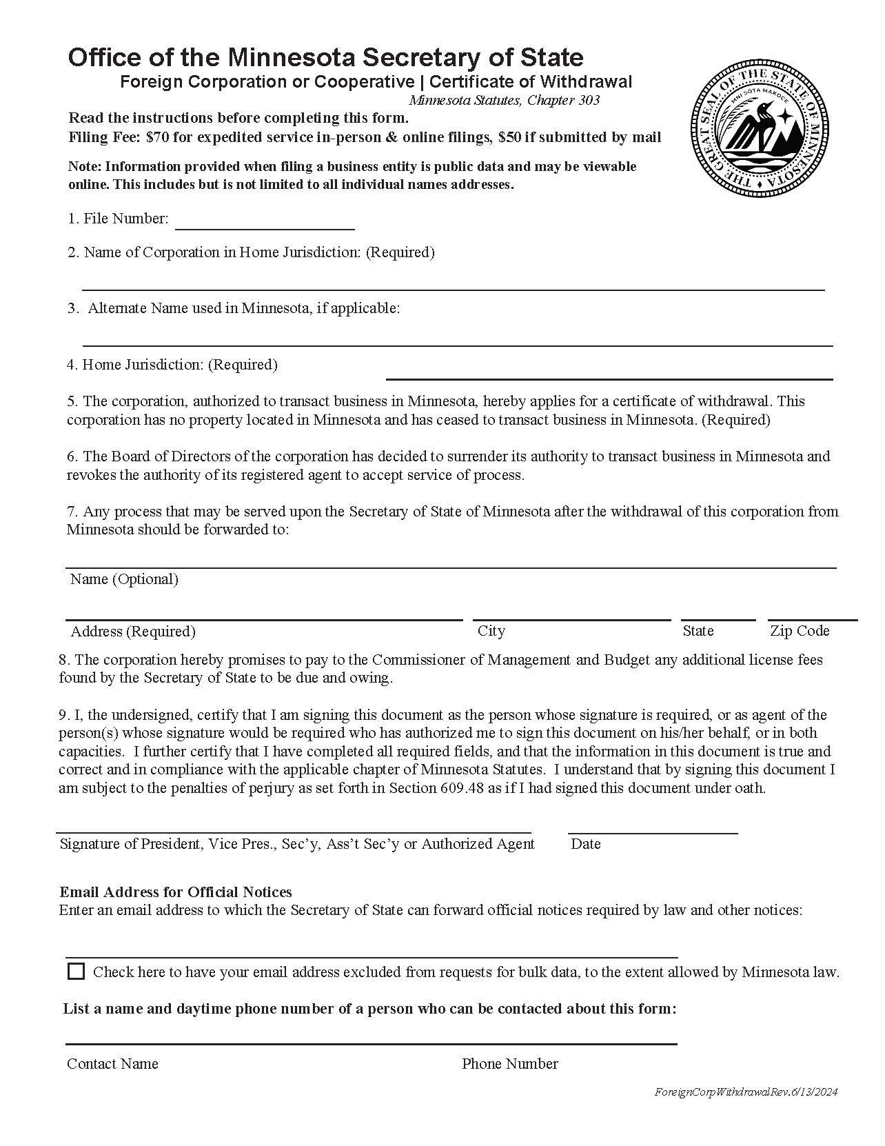 Certificate Of Withdrawal | Pdf Fpdf Docx | Minnesota