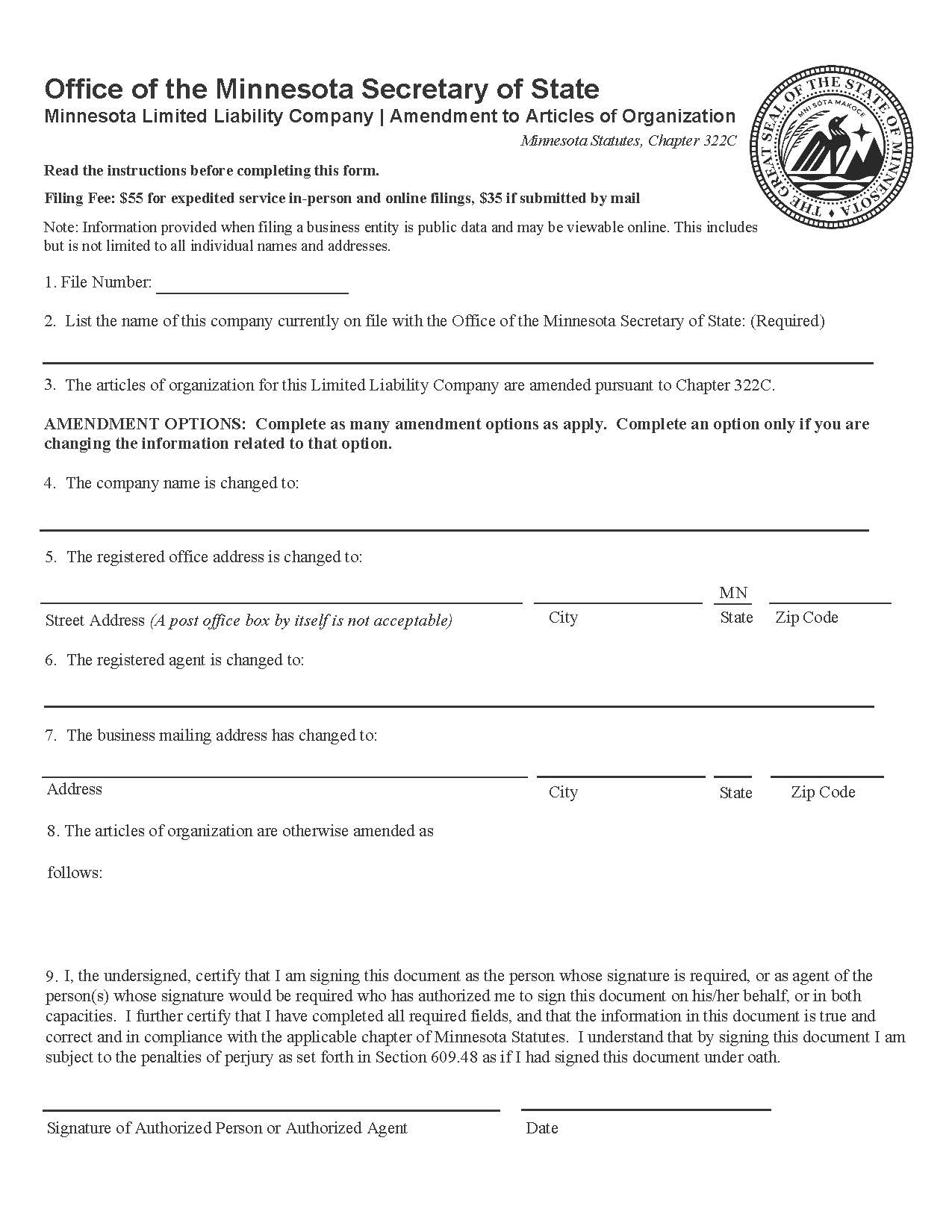 Amendment To Articles Of Organization For Limited Liability Company | Pdf Fpdf Docx | Minnesota