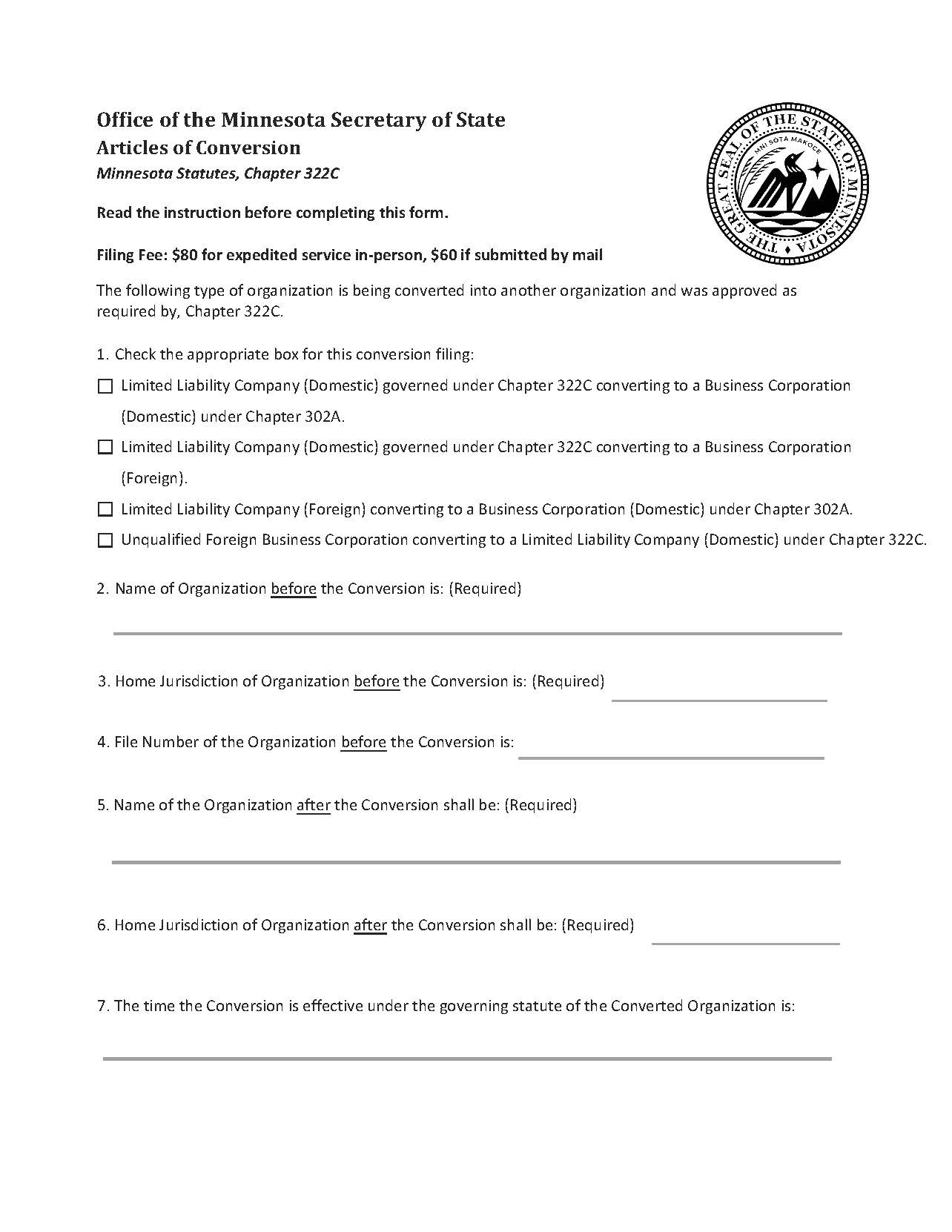 Articles Of Conversion (Chapter 322C) | Pdf Fpdf Docx | Minnesota