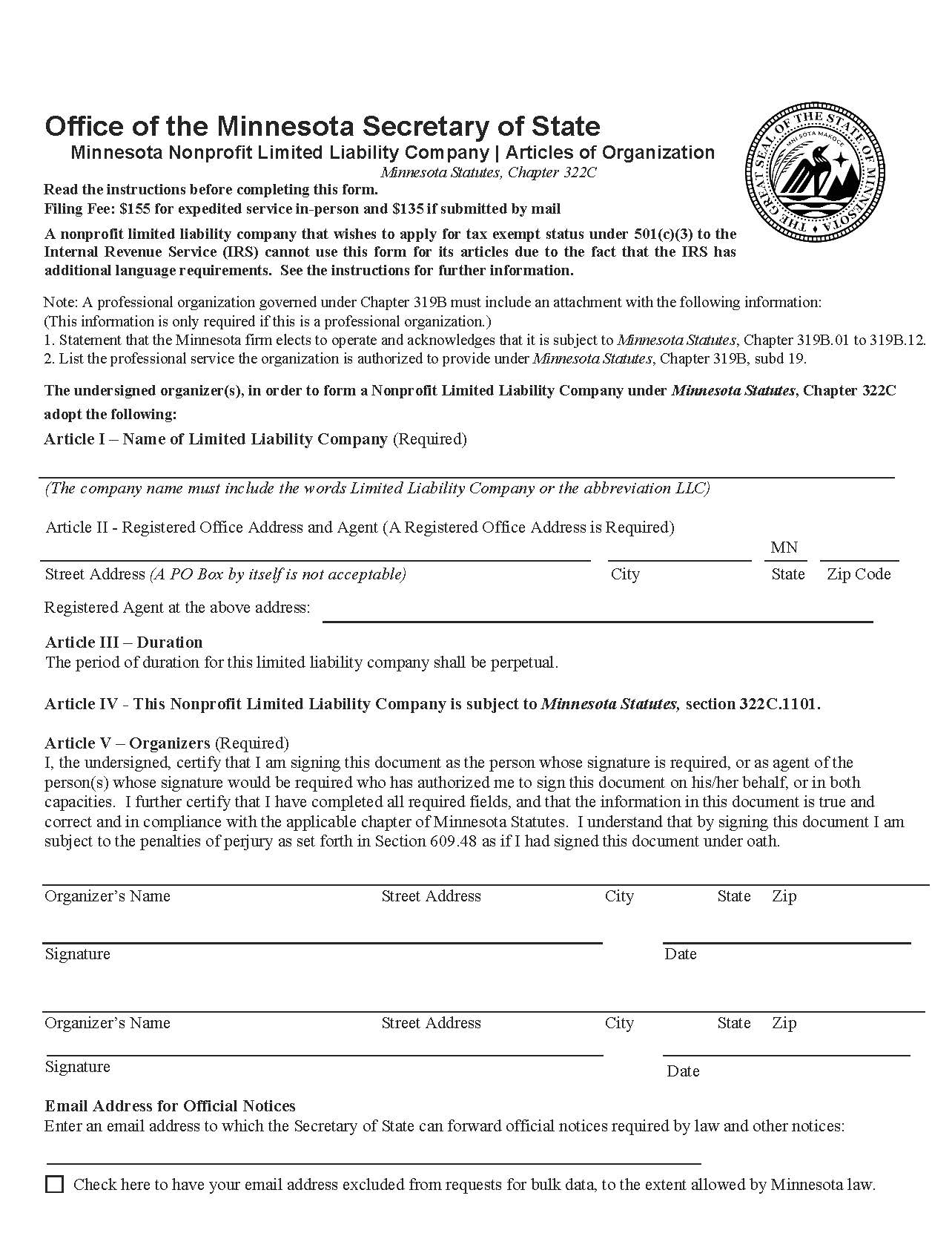 Nonprofit Articles Of Organization For Limited Liability Company | Pdf Fpdf Docx | Minnesota