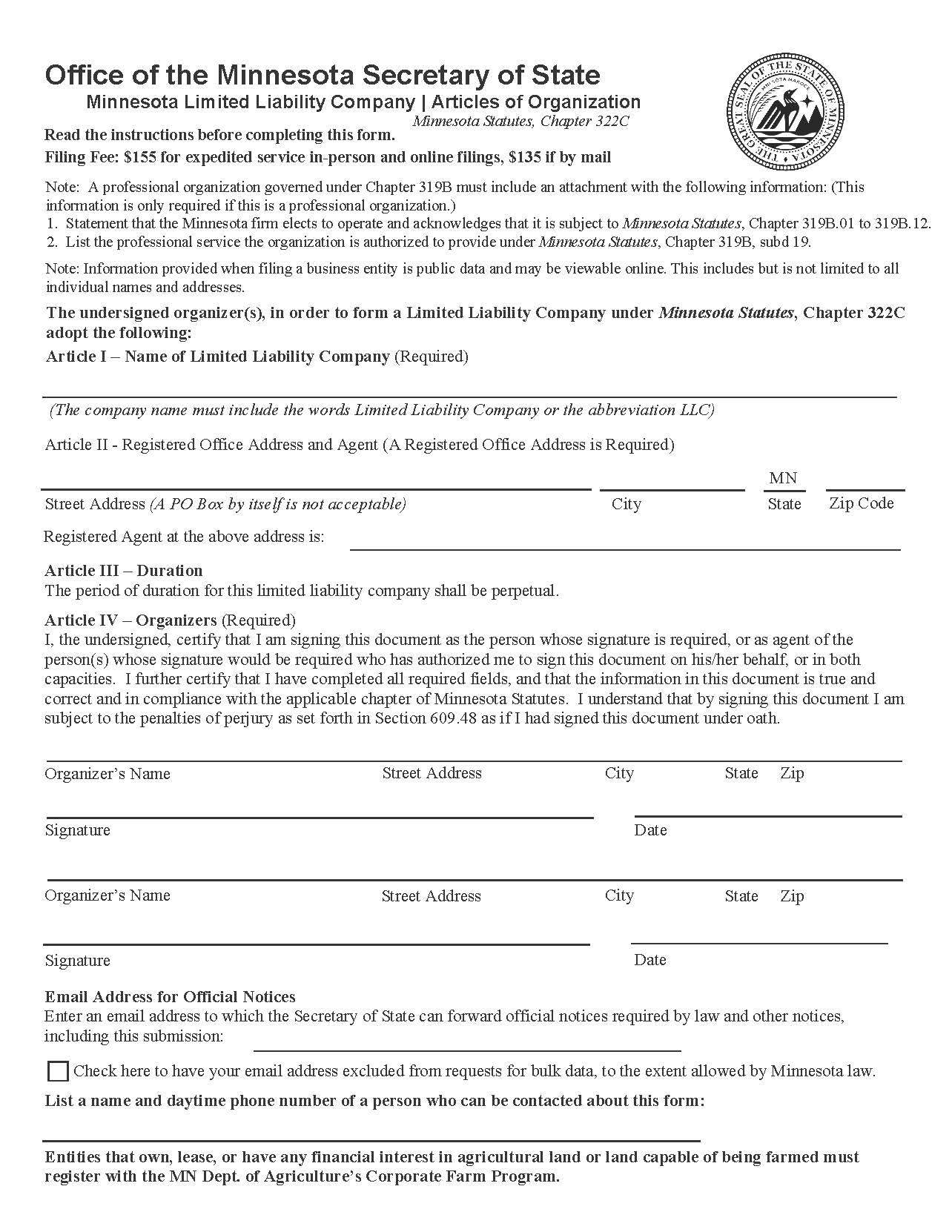 Nonprofit Articles Of Organization For Limited Liability Company | Pdf Fpdf Docx | Minnesota