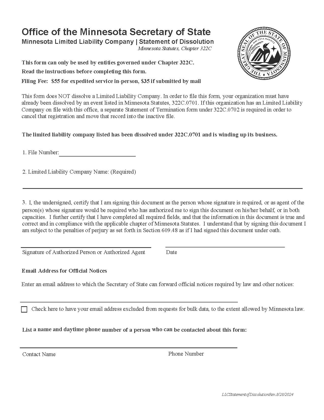 Statement Of Dissolution (Chapter 322C) | Pdf Fpdf Docx | Minnesota