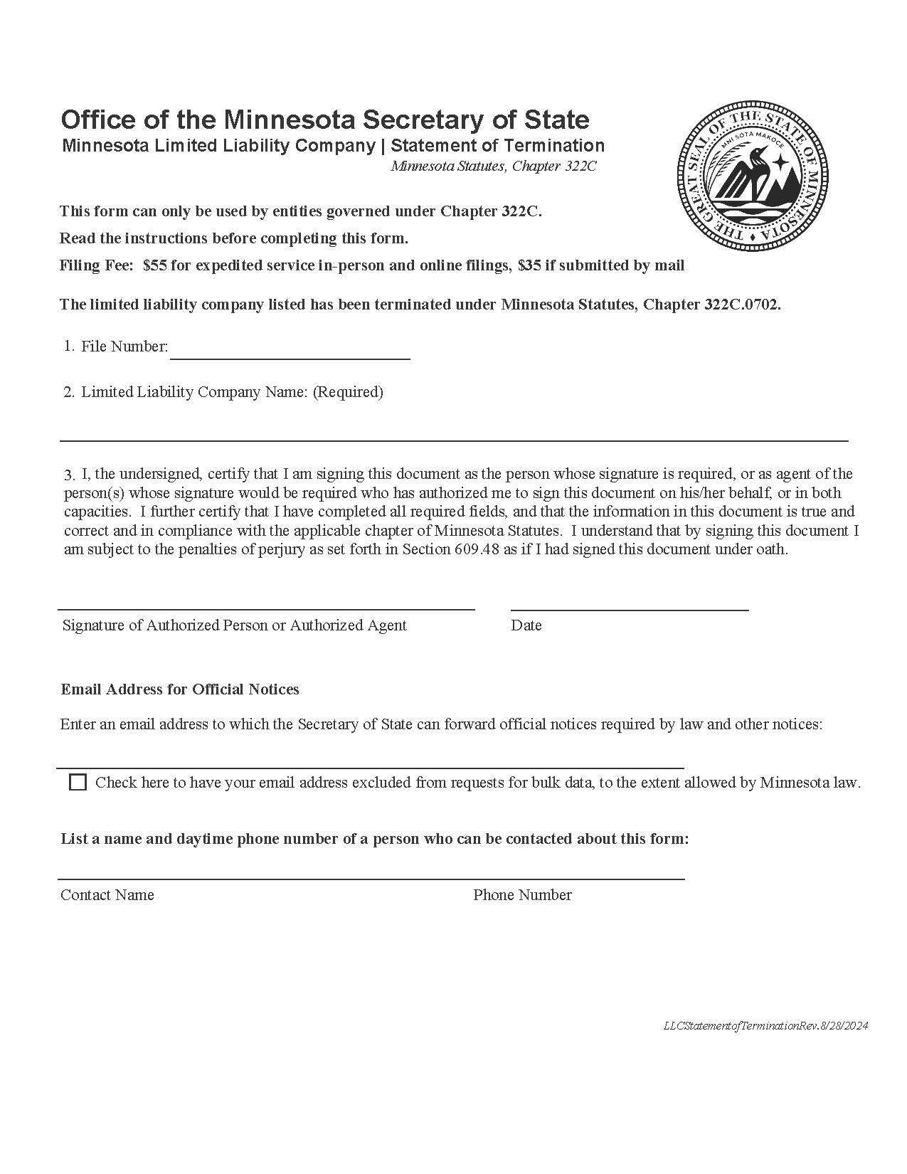 Statement Of Termination (Chapter 322C) | Pdf Fpdf Docx | Minnesota