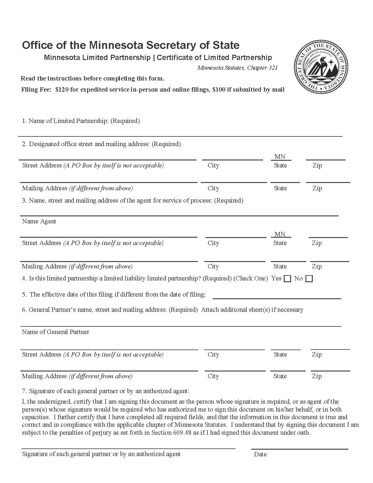 Certificate Of Limited Partnership Domestic | Pdf Fpdf Doc Docx | Minnesota