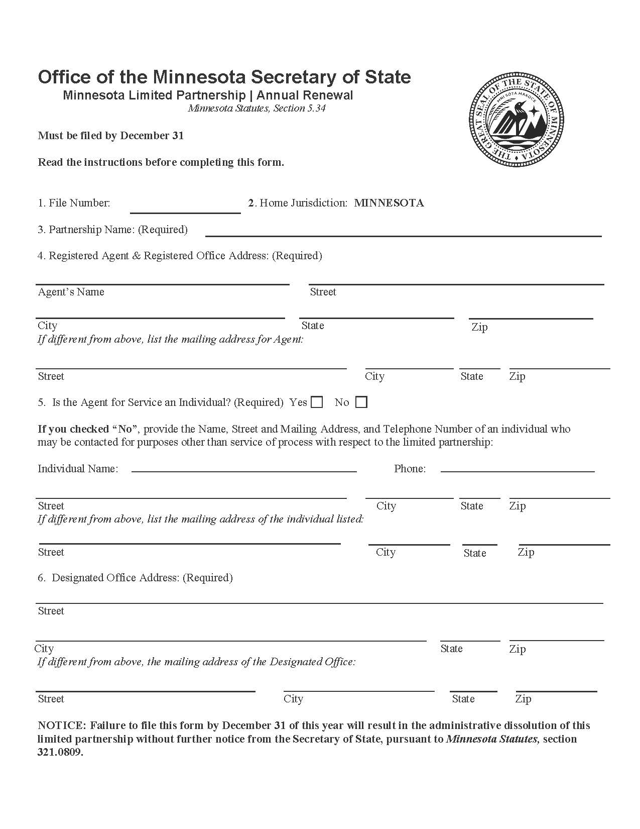 Domestic Limited Partnership Annual Renewal | Pdf Fpdf Doc Docx | Minnesota
