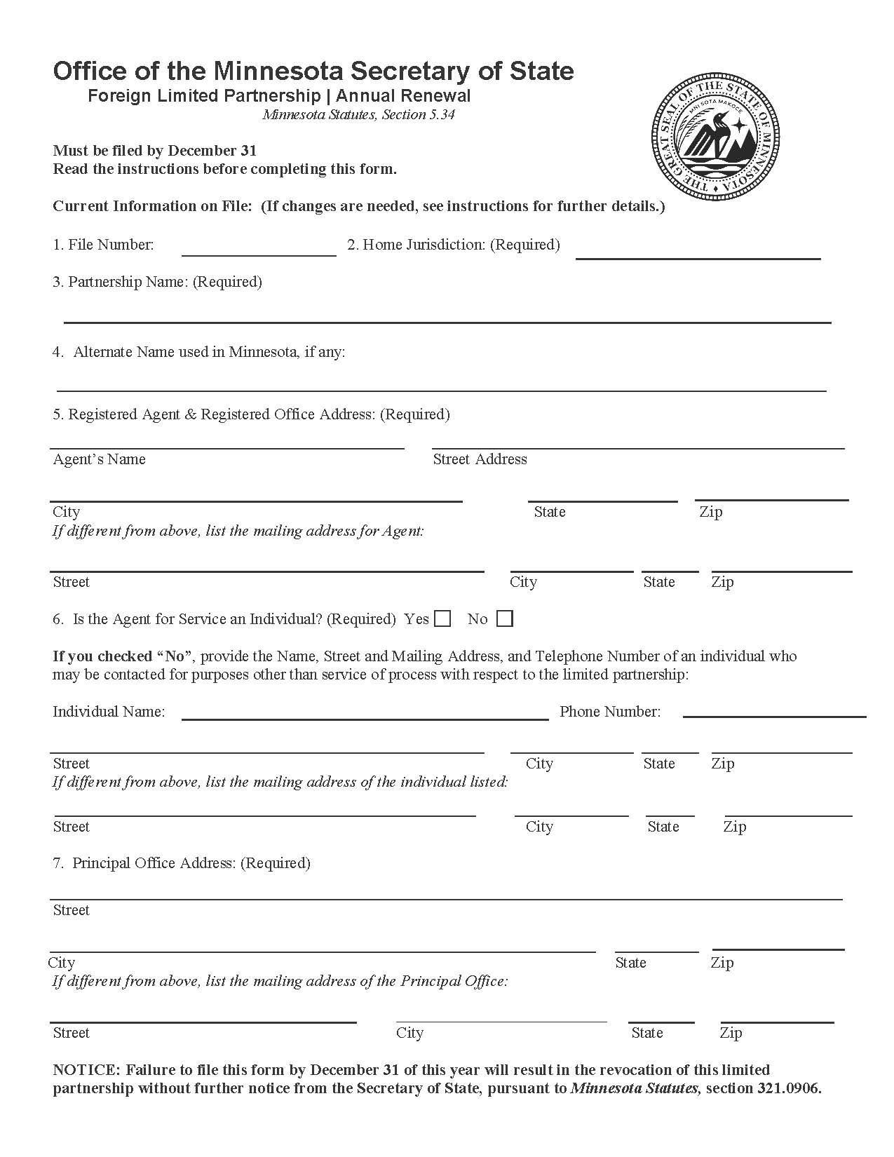 Foreign Limited Partnership Annual Renewal | Pdf Fpdf Doc Docx | Minnesota