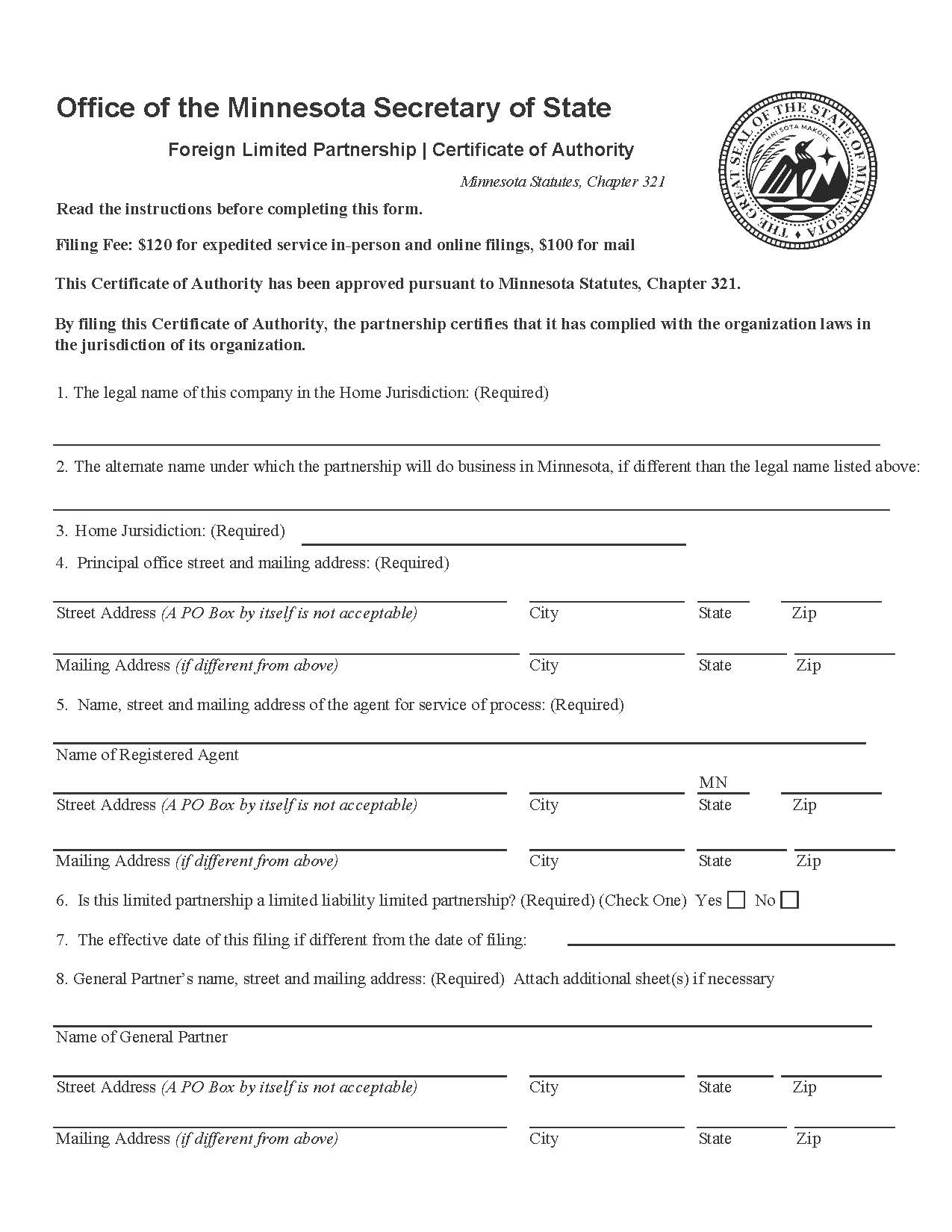 Foreign Limited Partnership Certificate Of Authority | Pdf Fpdf Doc Docx | Minnesota