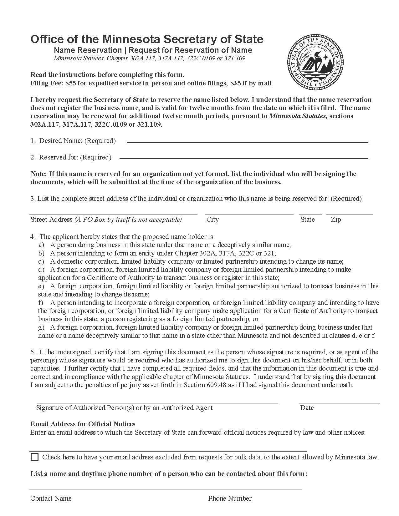 Request For Reservation Of Name | Pdf Fpdf Doc Docx | Minnesota