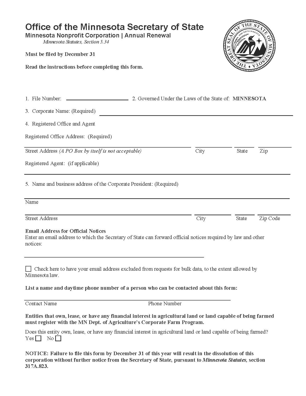 Annual Renewal Non Profit Corporation | Pdf Fpdf Doc Docx | Minnesota