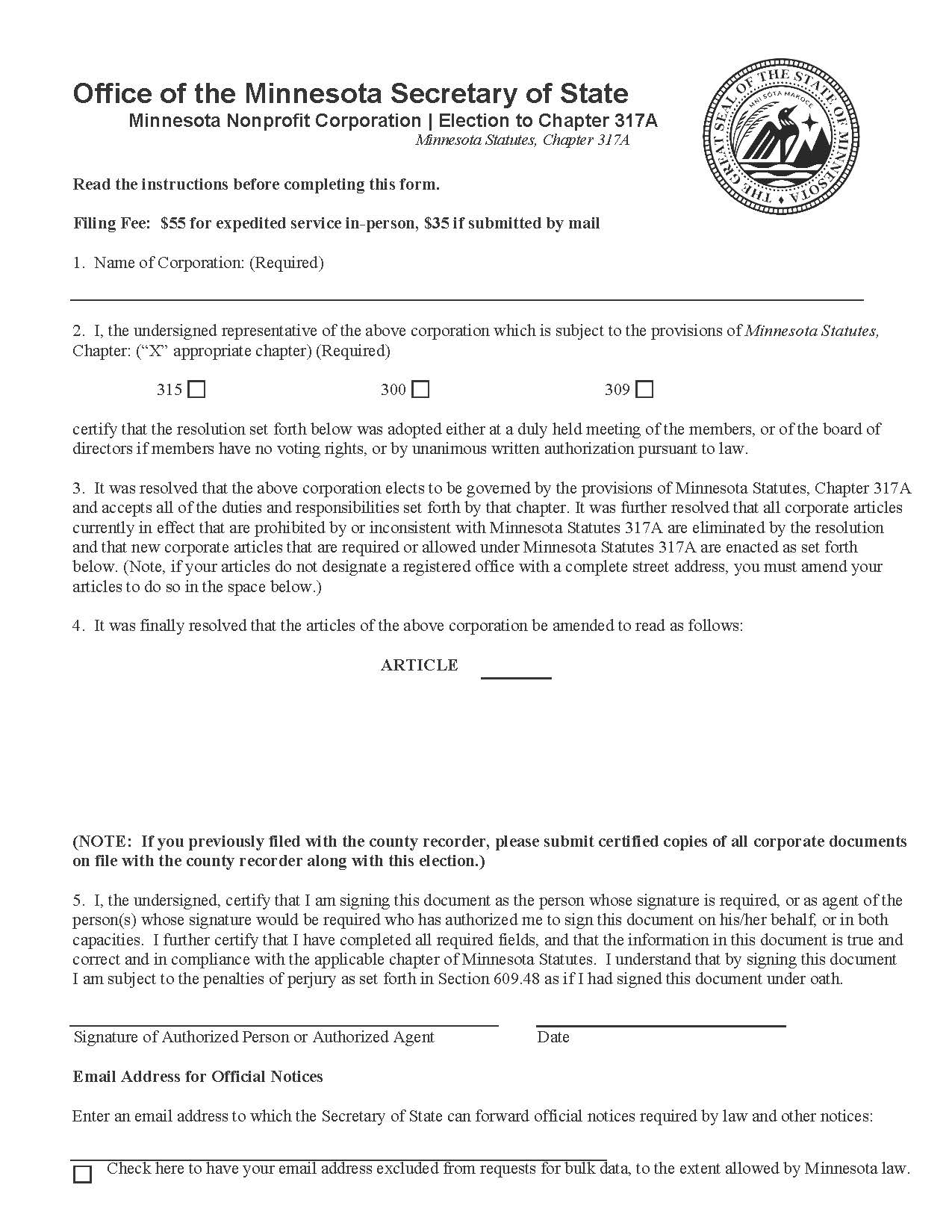 Election To Chapter 317A (Nonprofit Corporation) | Pdf Fpdf Doc Docx | Minnesota