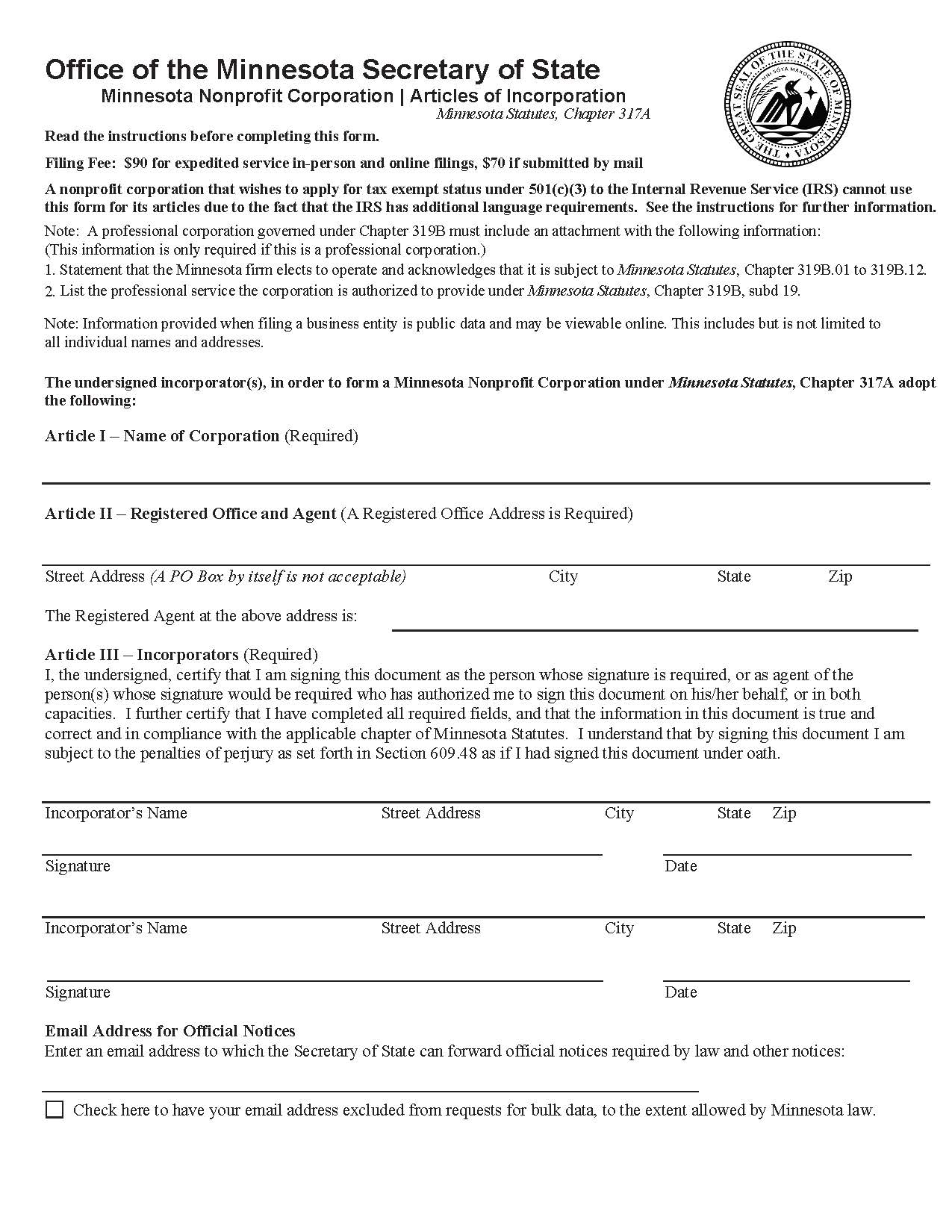 Nonprofit Articles Of Incorporation | Pdf Fpdf Docx | Minnesota