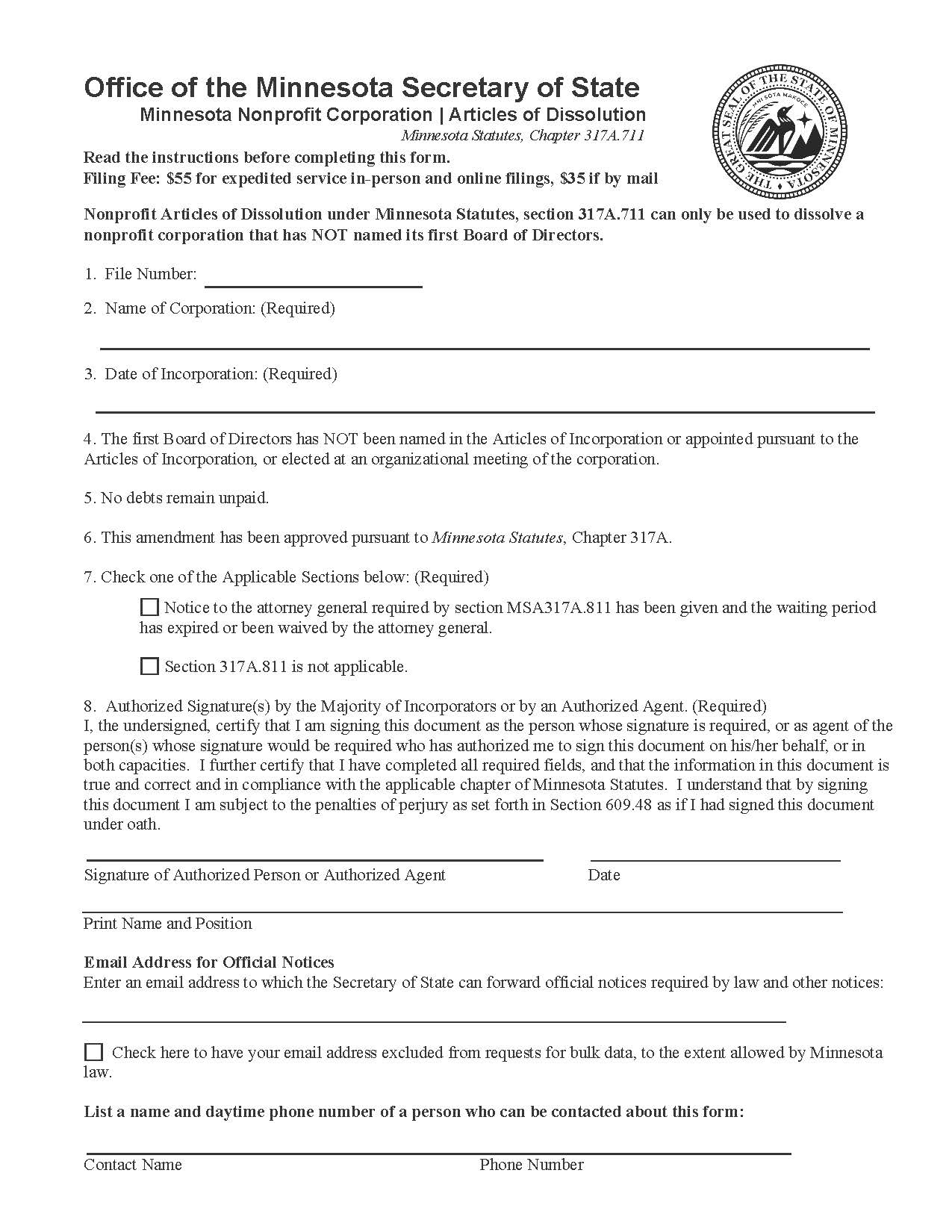 Nonprofit Corporation Articles Of Dissolution | Pdf Fpdf Doc Docx | Minnesota