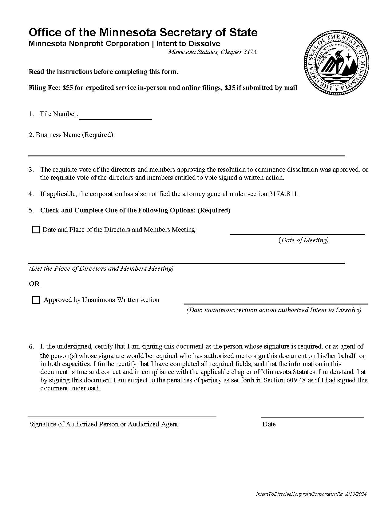 Nonprofit Intent To Dissolve | Pdf Fpdf Docx | Minnesota