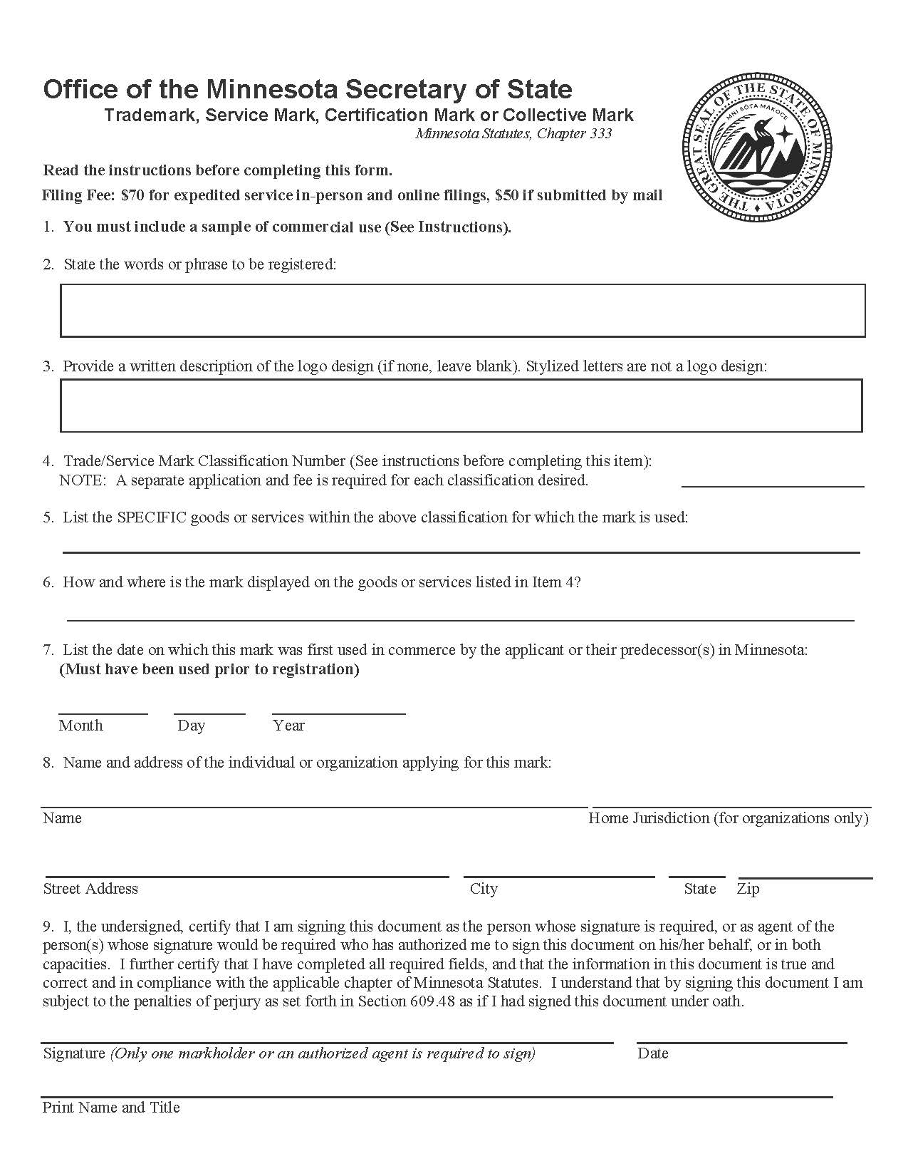 Application For Trademark Service Mark Certification Mark Or Collective Mark | Pdf Fpdf Doc Docx | Minnesota