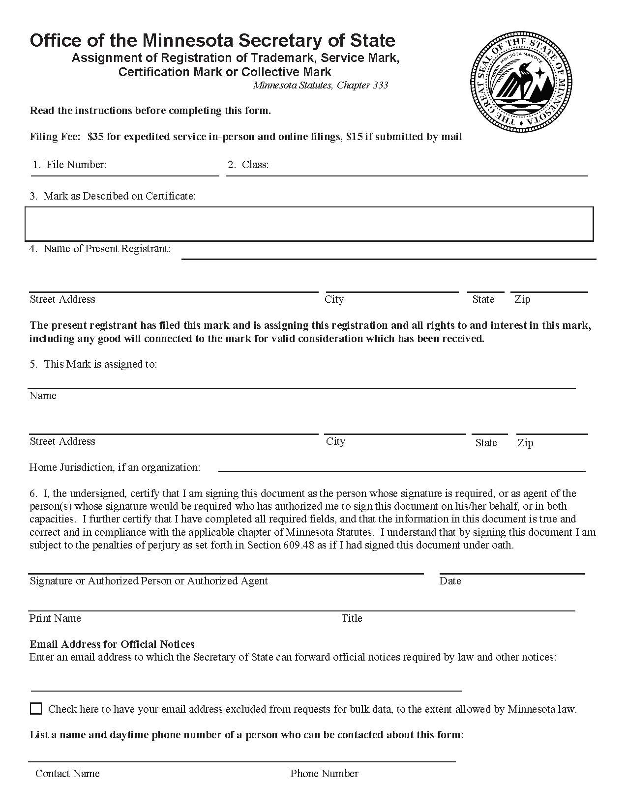 Assignment Of Registration Of Trademark Service Mark Certification Mark Or Collective Mark | Pdf Fpdf Doc Docx | Minnesota