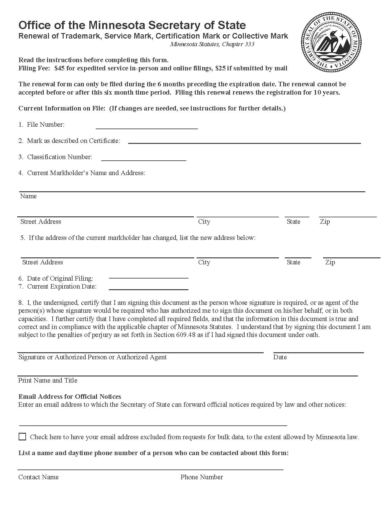 Renewal Of Trademark Service Mark Certification Mark Or Collective Mark | Pdf Fpdf Doc Docx | Minnesota
