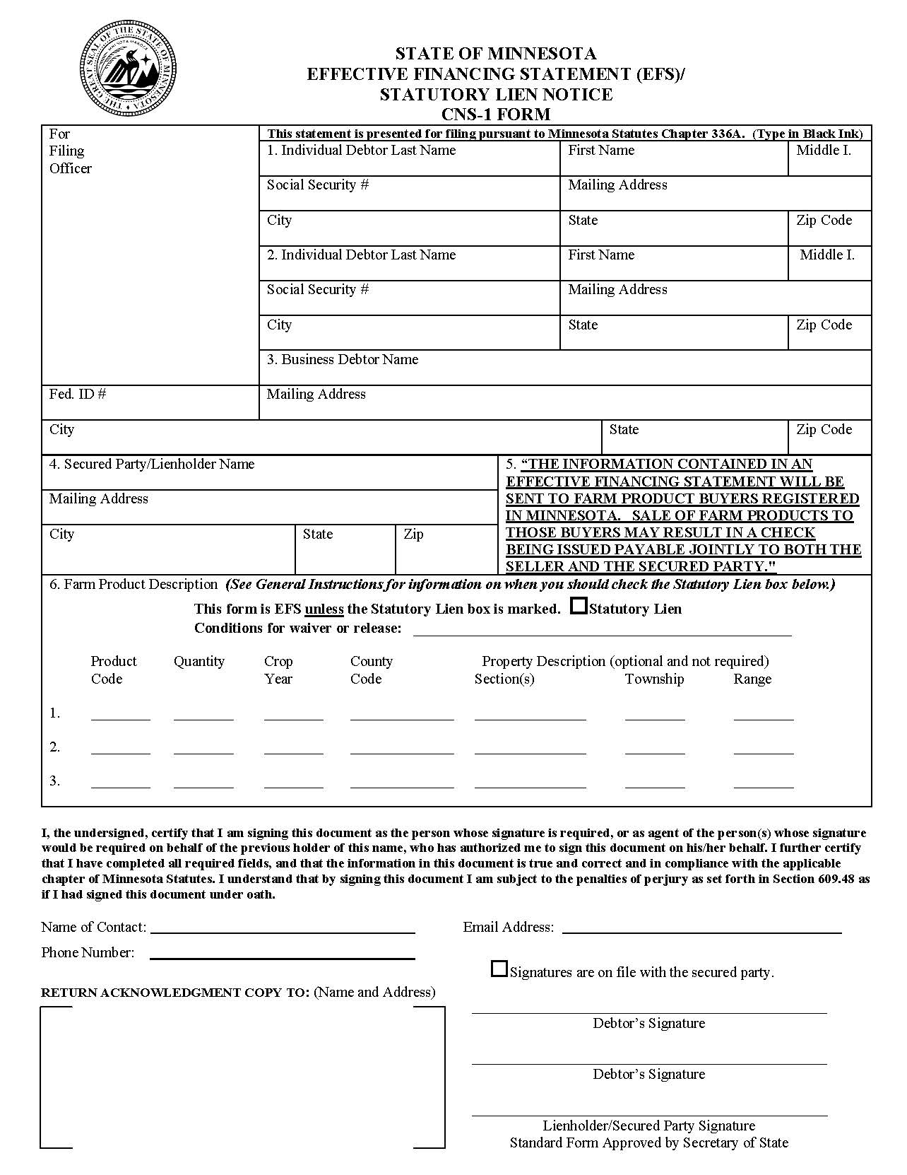 Statutory Lien Notice {CNS-1} | Pdf Fpdf Doc Docx | Minnesota