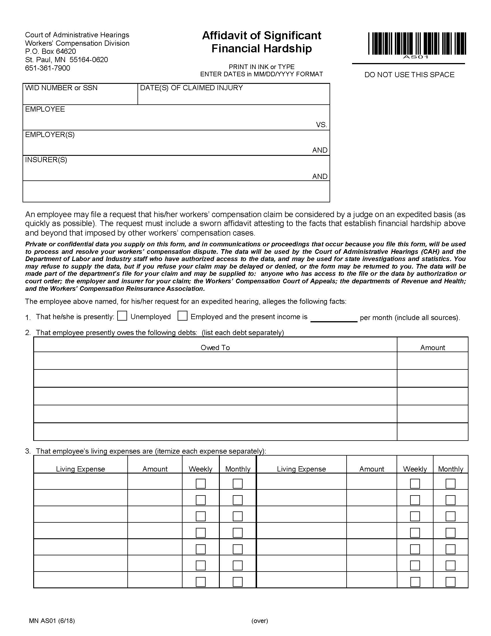 Affidavit Of Significant Financial Hardship {AS01} | Pdf Fpdf Docx | Minnesota