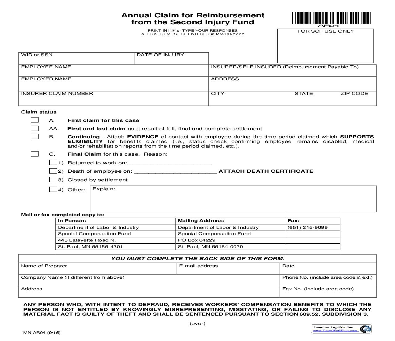 Annual Claim For Reimbursement From Secondary Injury Fund {AR04} | Pdf Fpdf Doc Docx | Minnesota