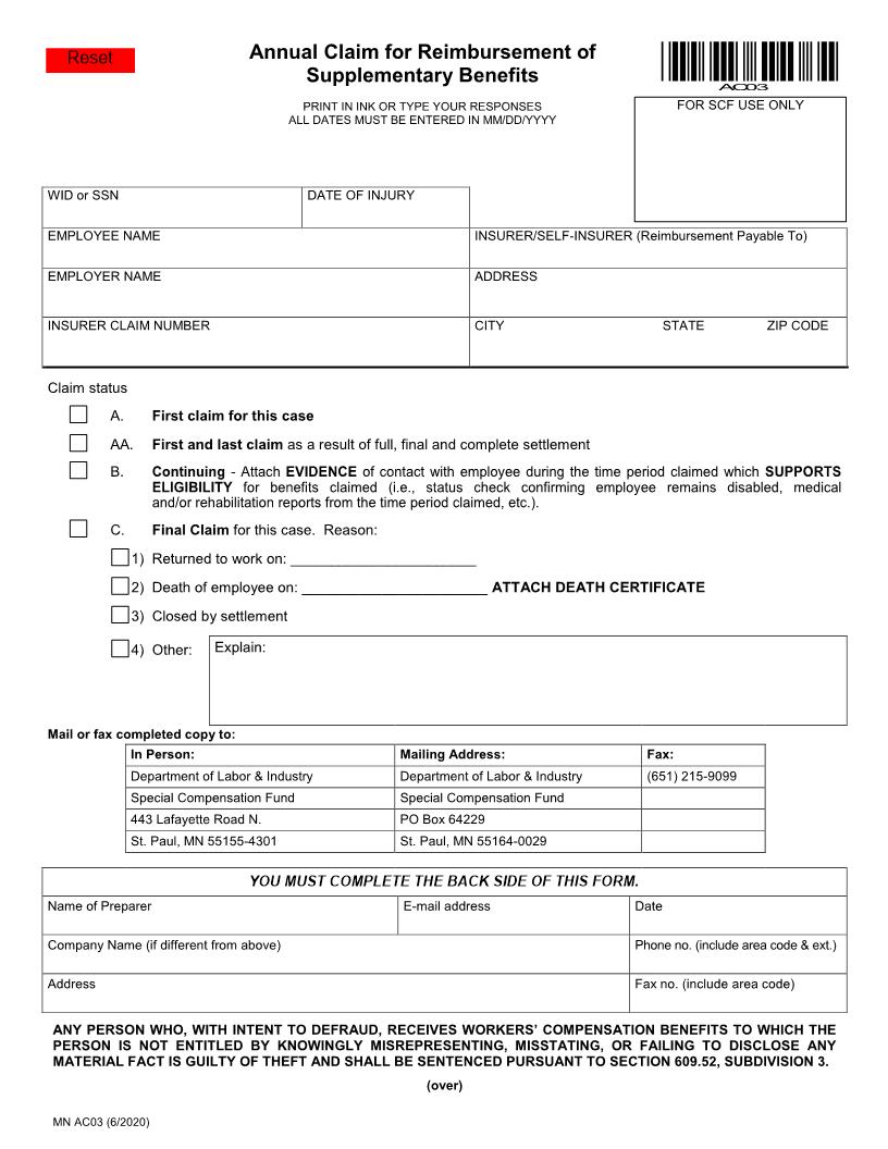 Annual Claim For Reimbursement Of Supplementary Benefits {AC03} | Pdf Fpdf Doc Docx | Minnesota