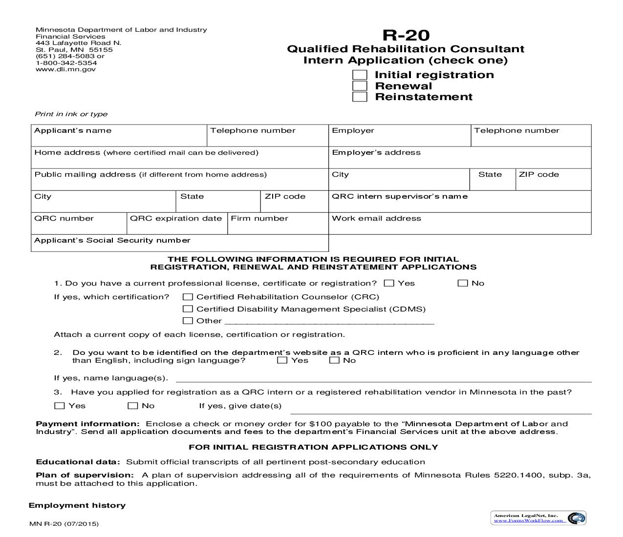 Application For Approval And Registration - Rehabilitation Consultant Intern {R-20} | Pdf Fpdf Doc Docx | Minnesota