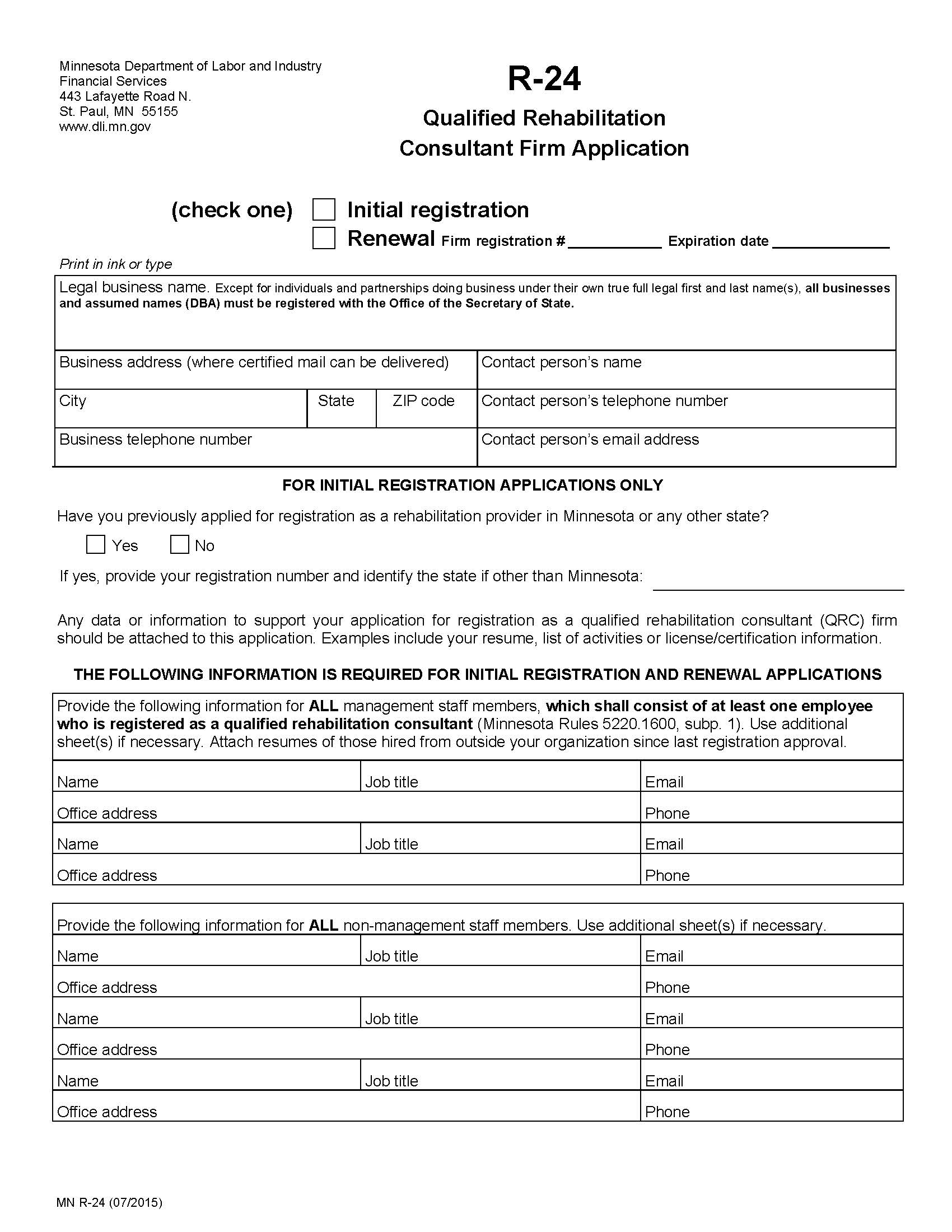 Application For Registration Or Renewal As Organization Approved For Employment Of Qualified Rehabilitation Consultant Or Independent {R-24} | Pdf Fpdf Doc Docx | Minnesota