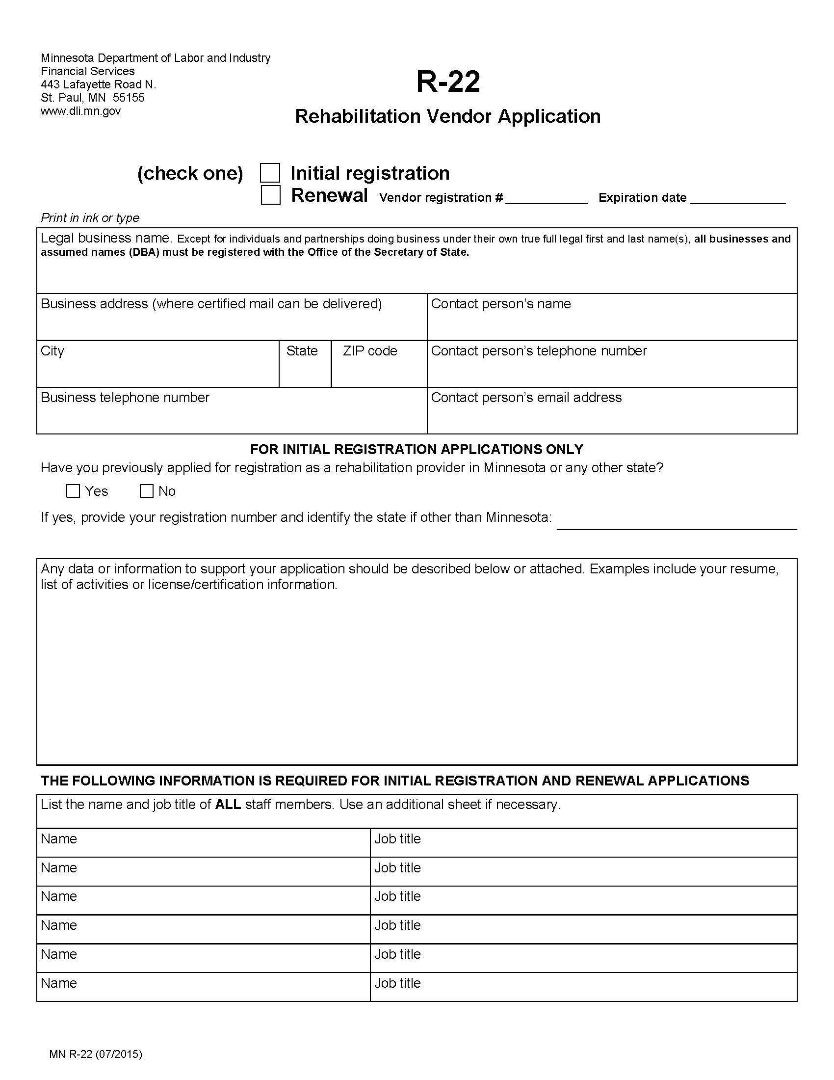 Application For Registration Or Renewal Of Registration As Registered Rehabilitation Vendor {R-22} | Pdf Fpdf Doc Docx | Minnesota