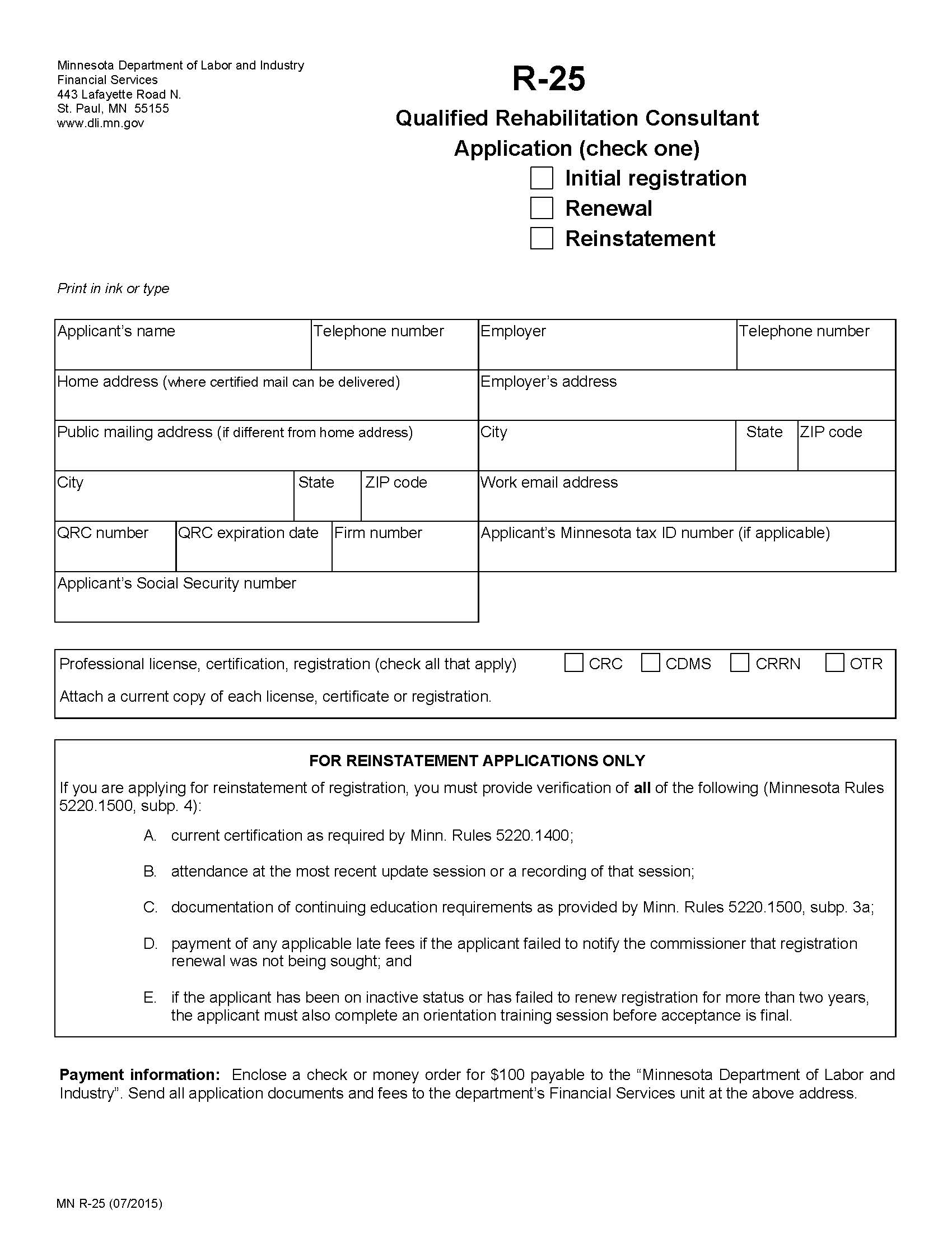 Application For Renewal Of Qualified Rehabilitation Consultant-Consultant Intern Registration {R-25} | Pdf Fpdf Doc Docx | Minnesota