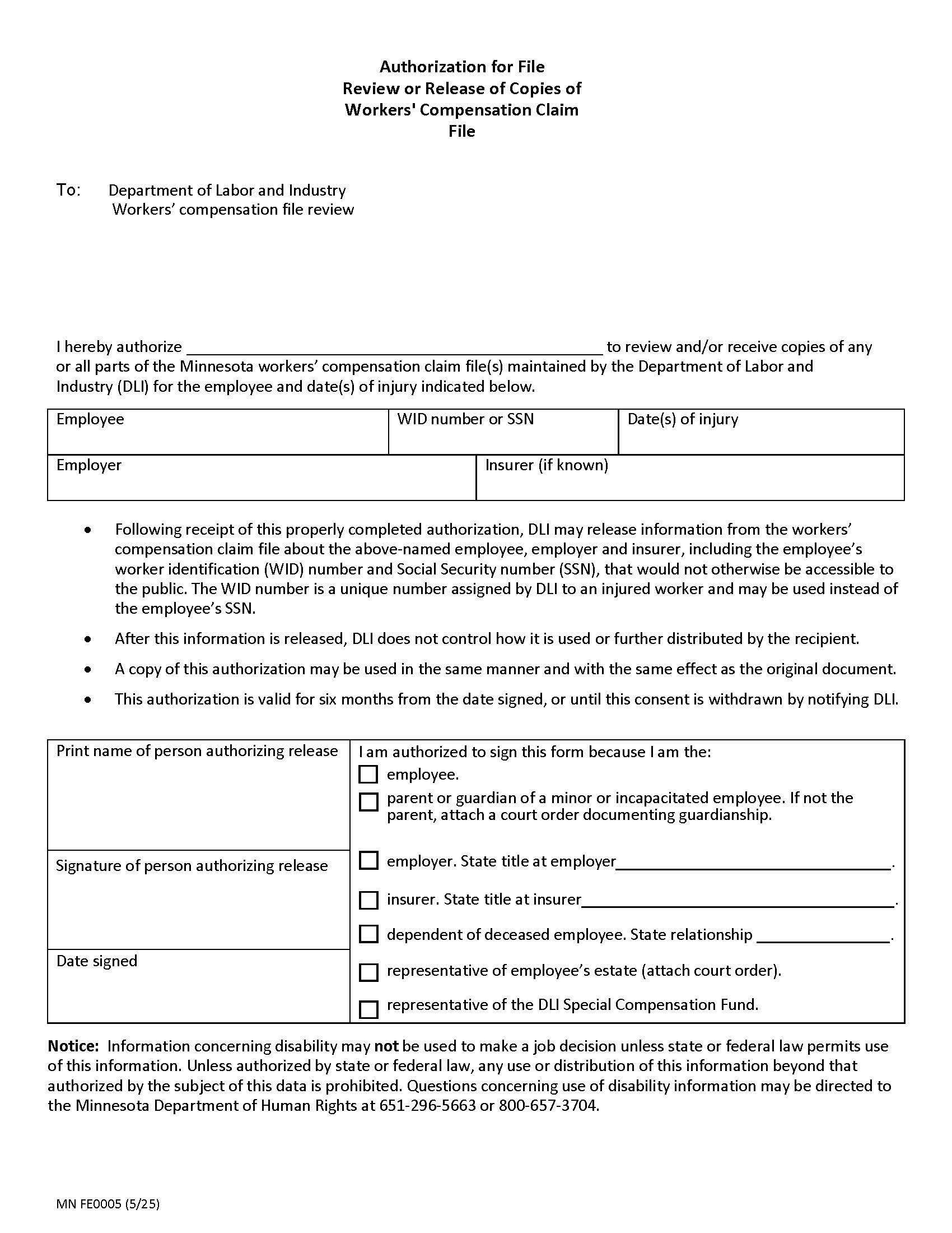 Authorization For File Review Or Release Of Copies Of Claim File {FE0005} | Pdf Fpdf Doc Docx | Minnesota