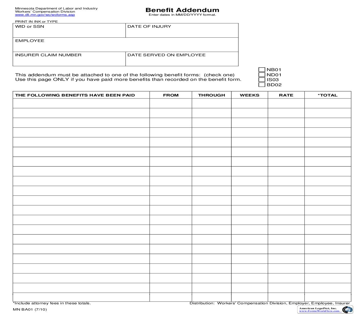 Benefit Addendum {BA01} | Pdf Fpdf Doc Docx | Minnesota