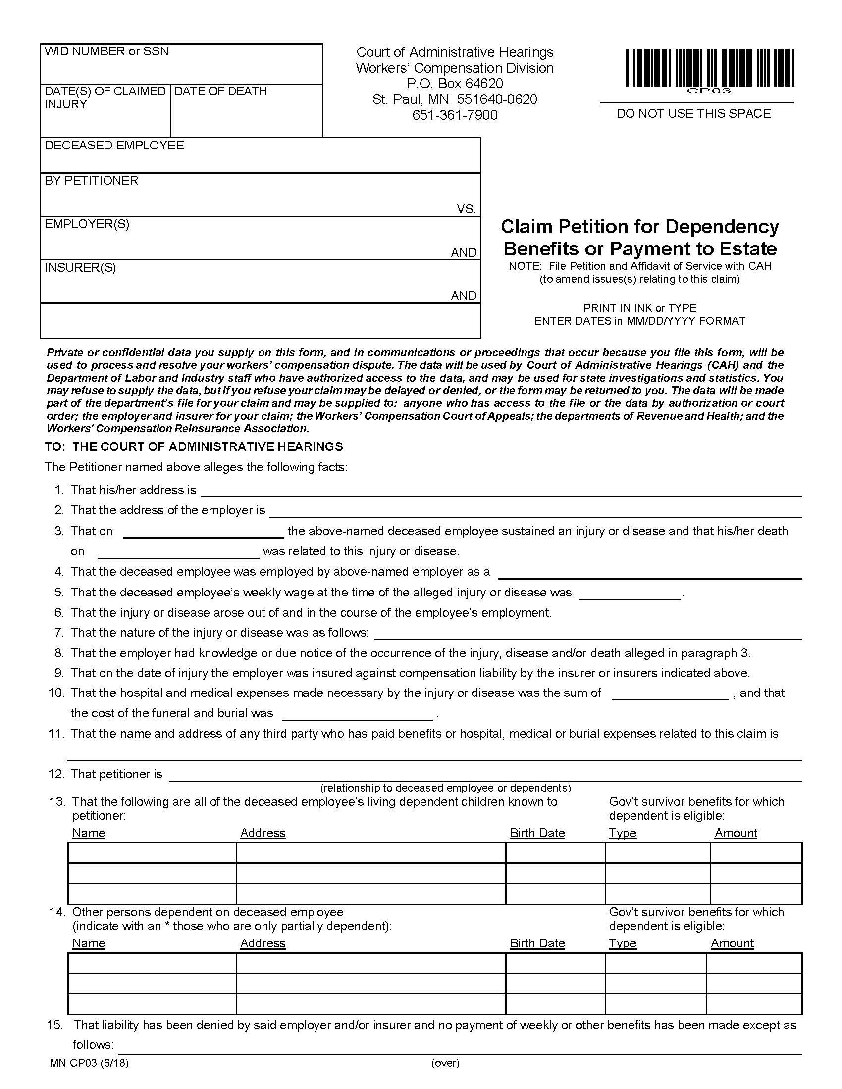 Claim Petition For Dependency Benefits Or Payment To Estate {CP03} | Pdf Fpdf Docx | Minnesota