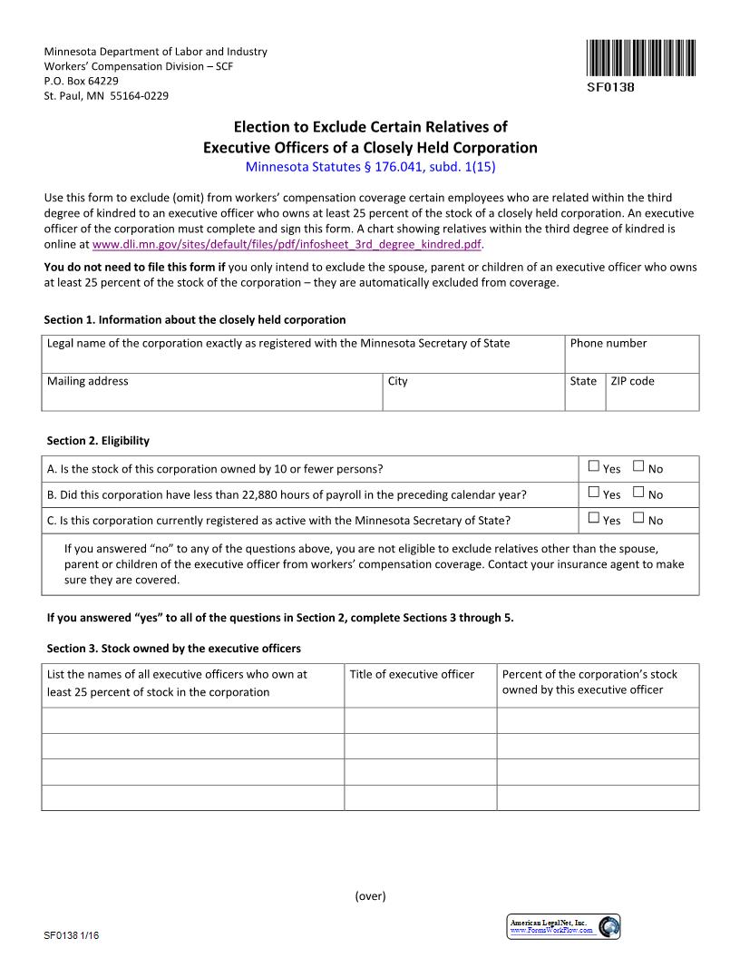 Election To Exclude Certain Relatives Of Executive Officers Of A Closely Held Corporation {SF0138} | Pdf Fpdf Docx | Minnesota