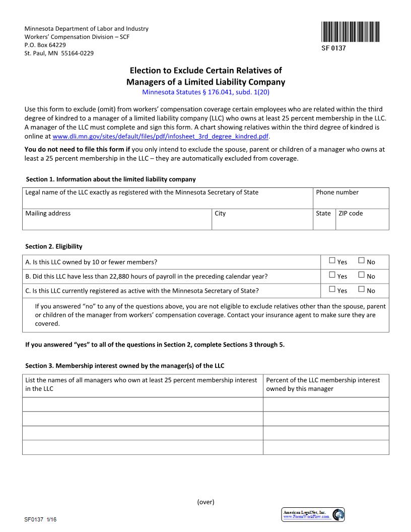 Election To Exclude Certain Relatives Of Managers Of Limited Liability Company {SF0137} | Pdf Fpdf Docx | Minnesota