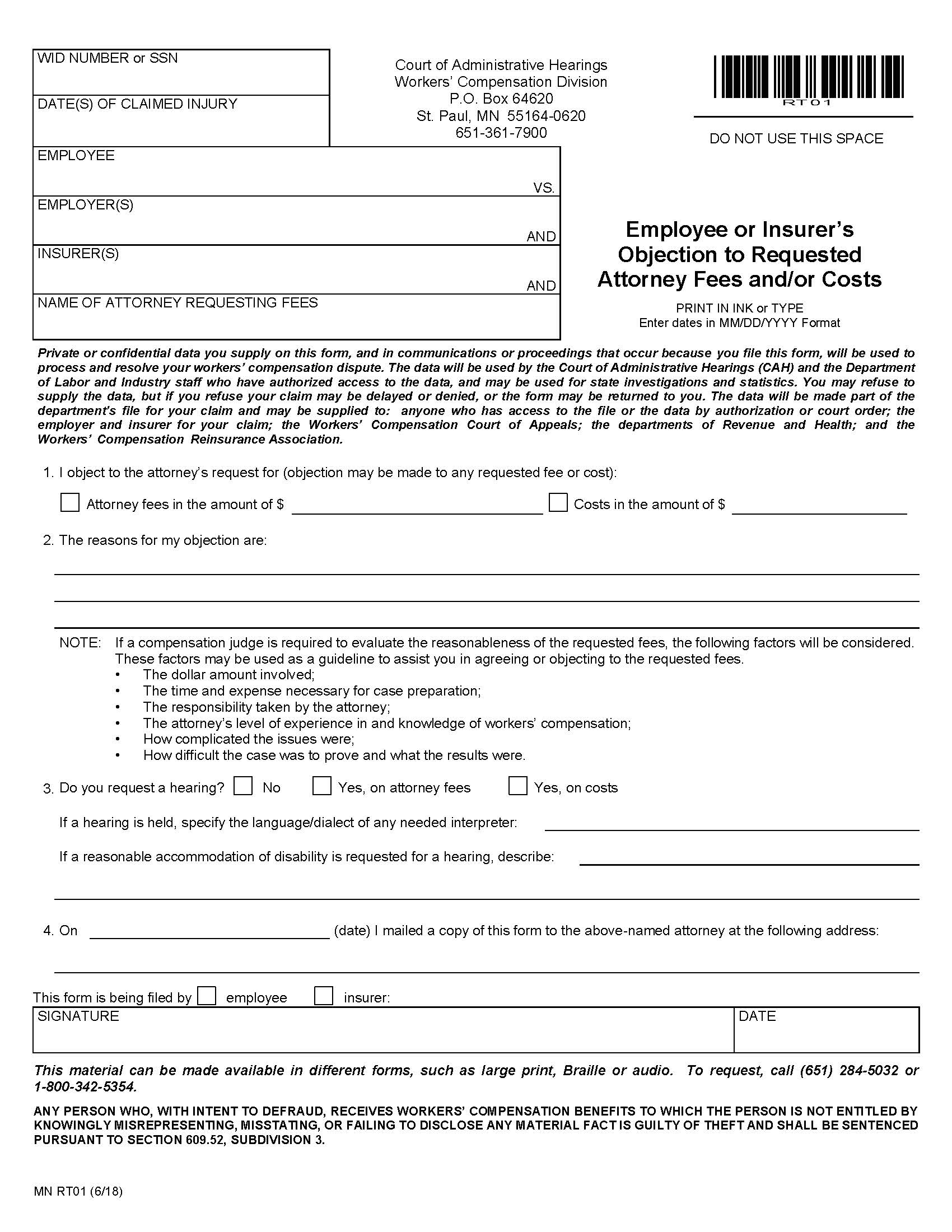 Employee Or Insurers Objection To Requested Attorney Fees And Or Costs {RT01} | Pdf Fpdf Docx | Minnesota