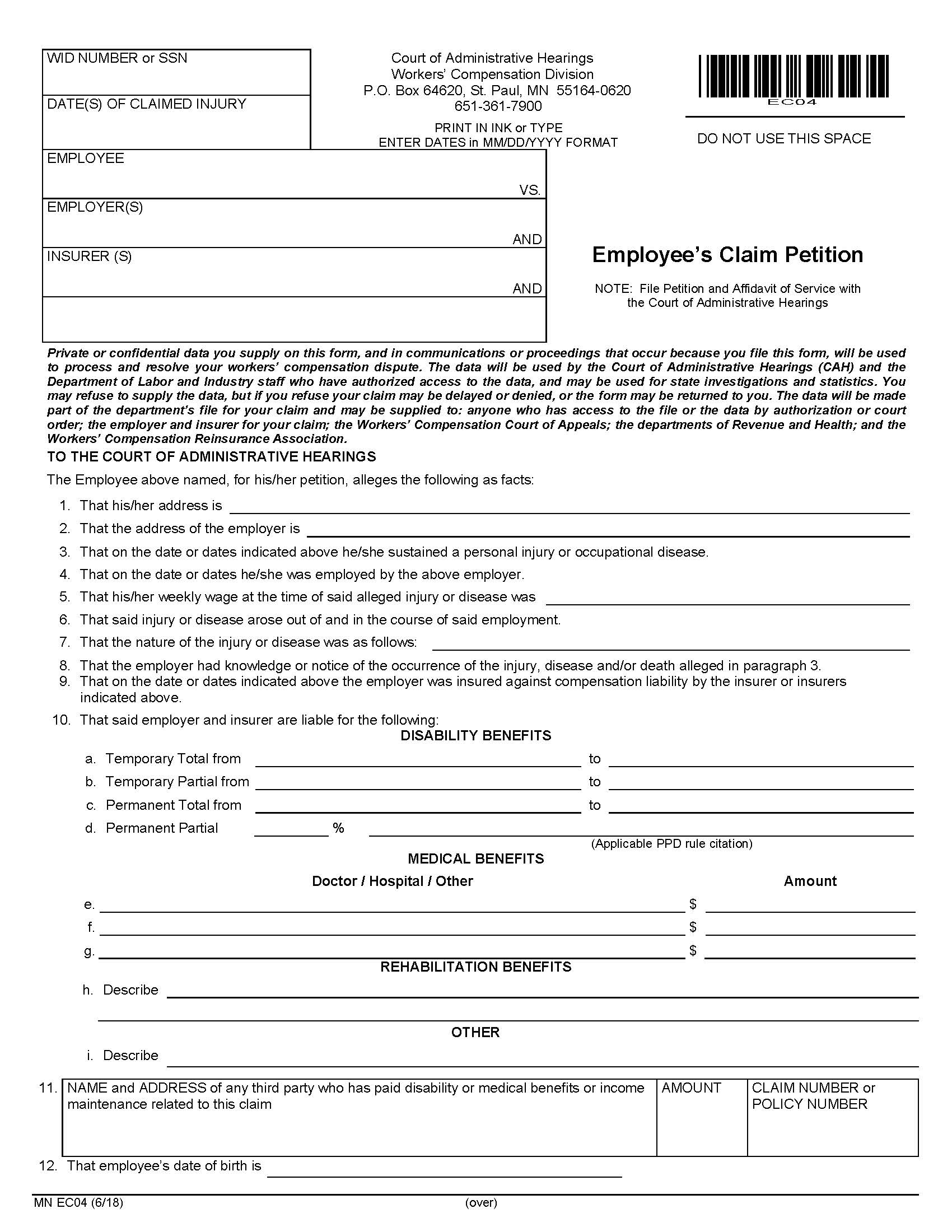 Employees Claim Petition {EC04} | Pdf Fpdf Docx | Minnesota