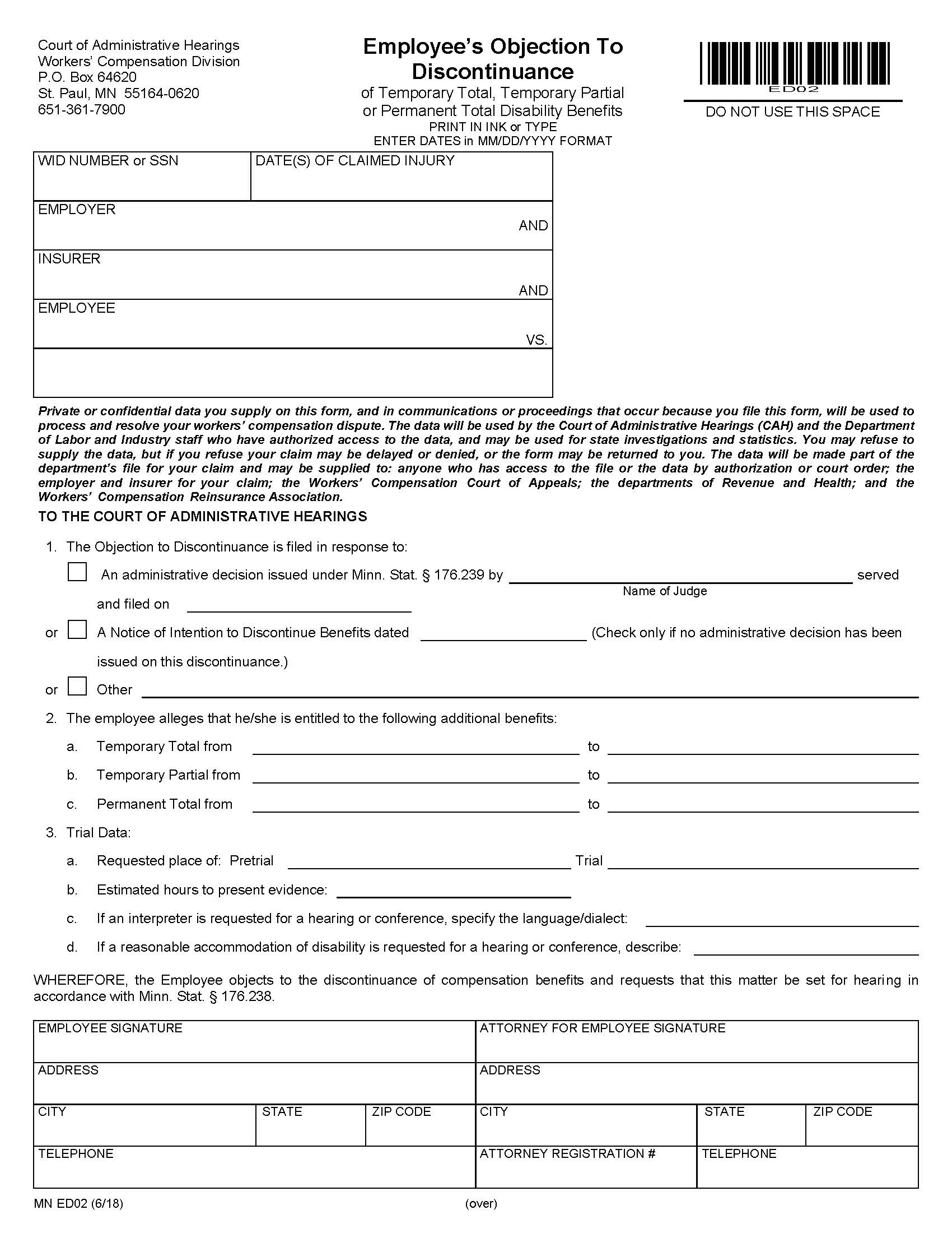 Employees Objection To Discontinuance {ED02} | Pdf Fpdf Docx | Minnesota