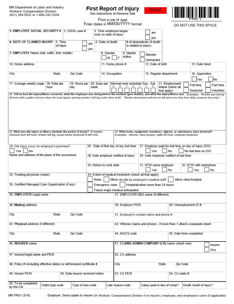 First Report Of Injury {FR01} | Pdf Fpdf Doc Docx | Minnesota