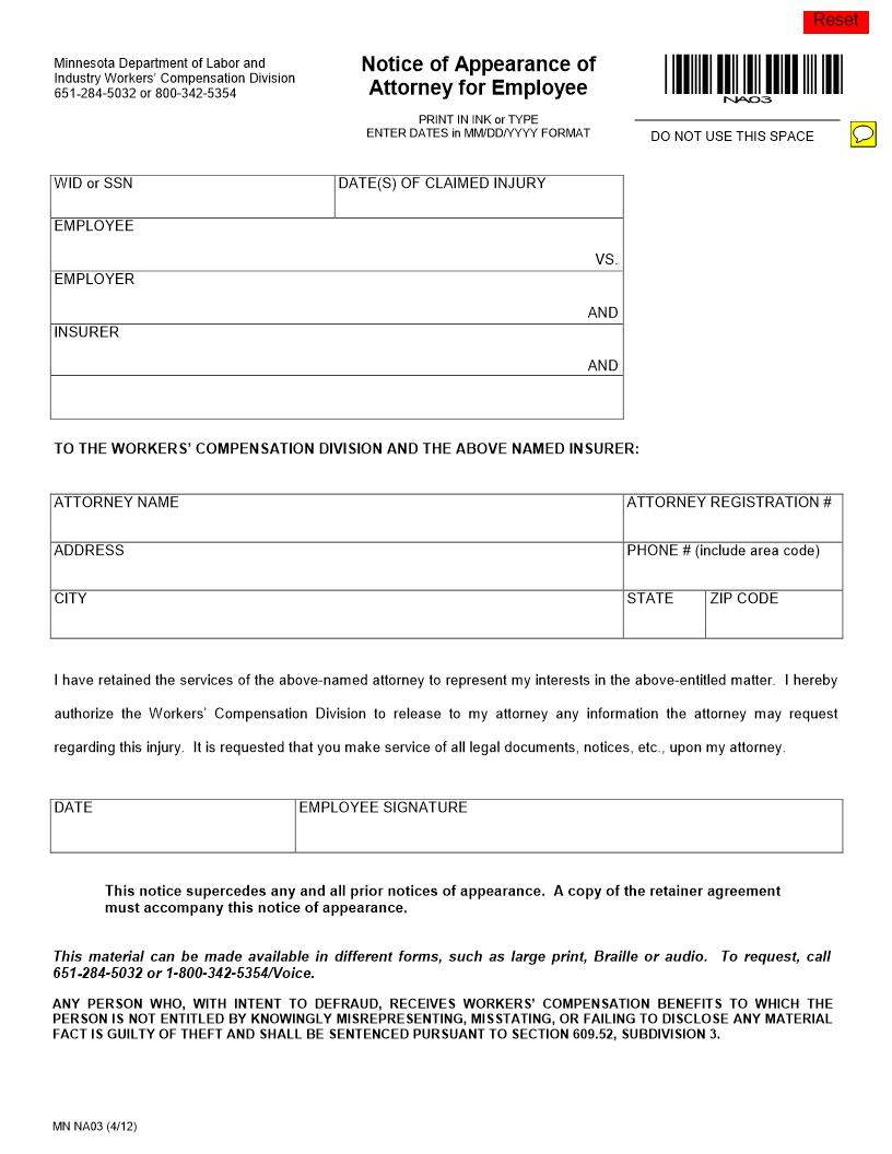 Notice Of Appearance Of Attorney For Employee {NA03} | Pdf Fpdf Doc Docx | Minnesota