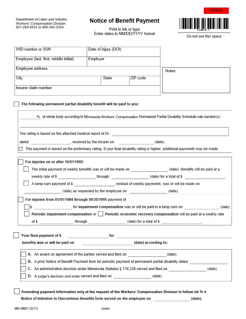 Notice Of Benefit Payment {NB01} | Pdf Fpdf Docx | Minnesota