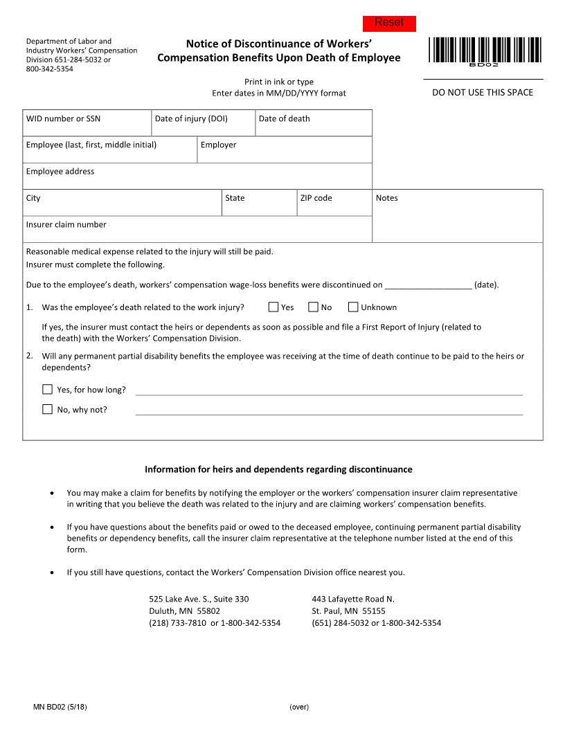 Notice Of Discontinuance Of Workers Compensation Benefits Upon Death {BD02} | Pdf Fpdf Docx | Minnesota