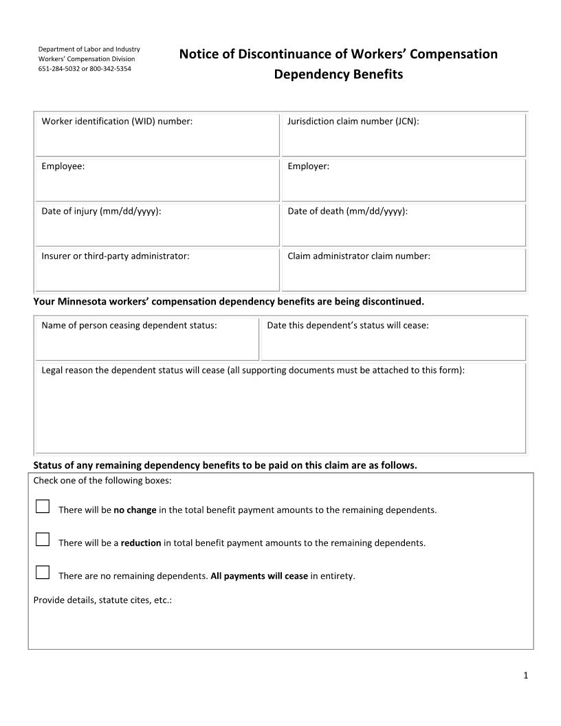 Notice Of Discontinuance Of Workers Compensation Dependency Benefits {DB02} | Pdf Fpdf Doc Docx | Minnesota