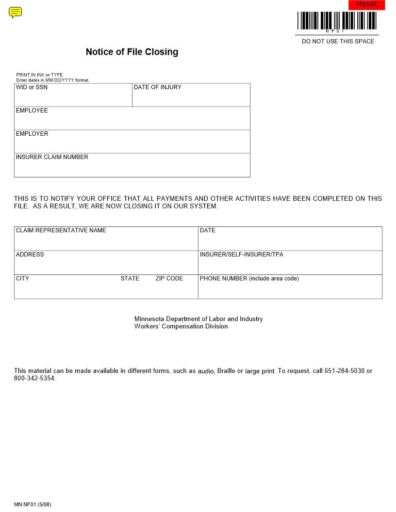 Notice Of File Closing {NF01} | Pdf Fpdf Doc Docx | Minnesota